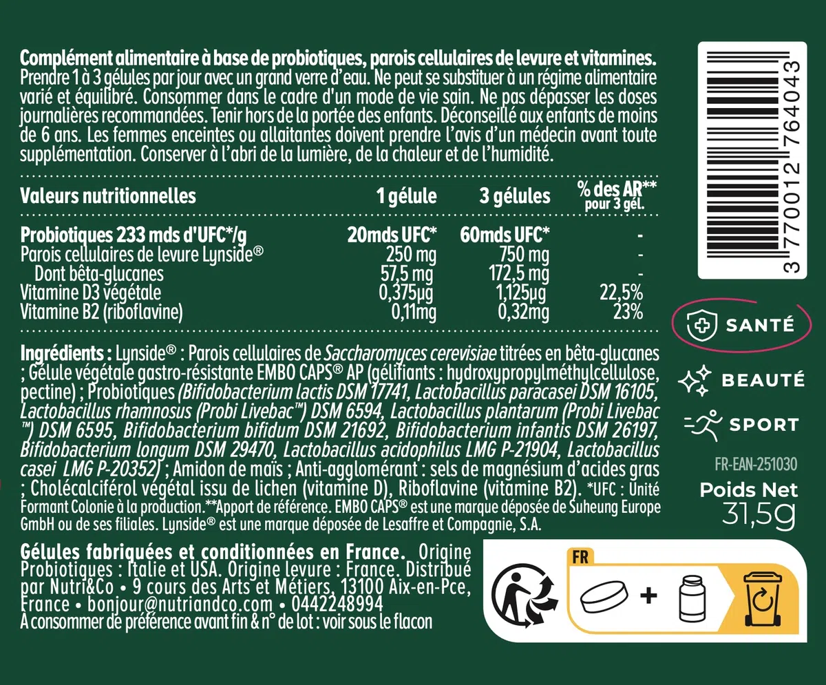 NUTRI & CO Probiotique Flore Intestinale - 60 Milliards UFC/jour - 9 Souches dont 2 Lactobacillus Brevetées - 60 Gélules Gastro-Résistantes aux Enzymes Digestives - Conditionné en France