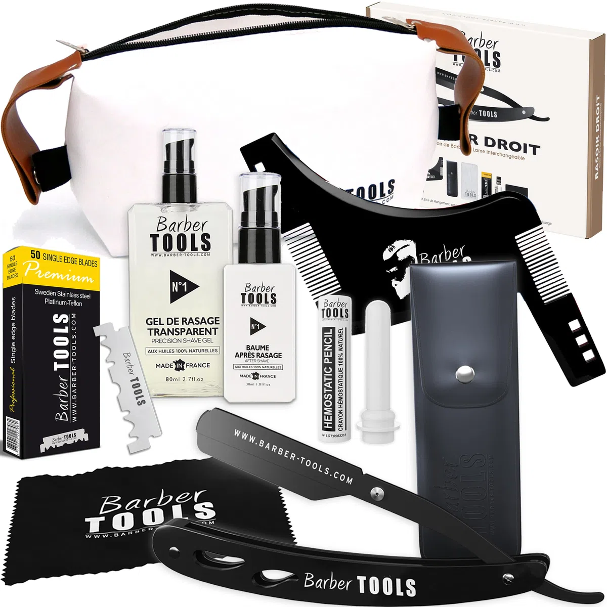 Kit Rasoir barbe homme/coupe choux barbe - avec 50 Lames Simples + Peigne guide + Gel de rasage transparent 80ml + Après rasage 30ml + Stick d'alun + Grand sac -NOIR- BARBER TOOLS