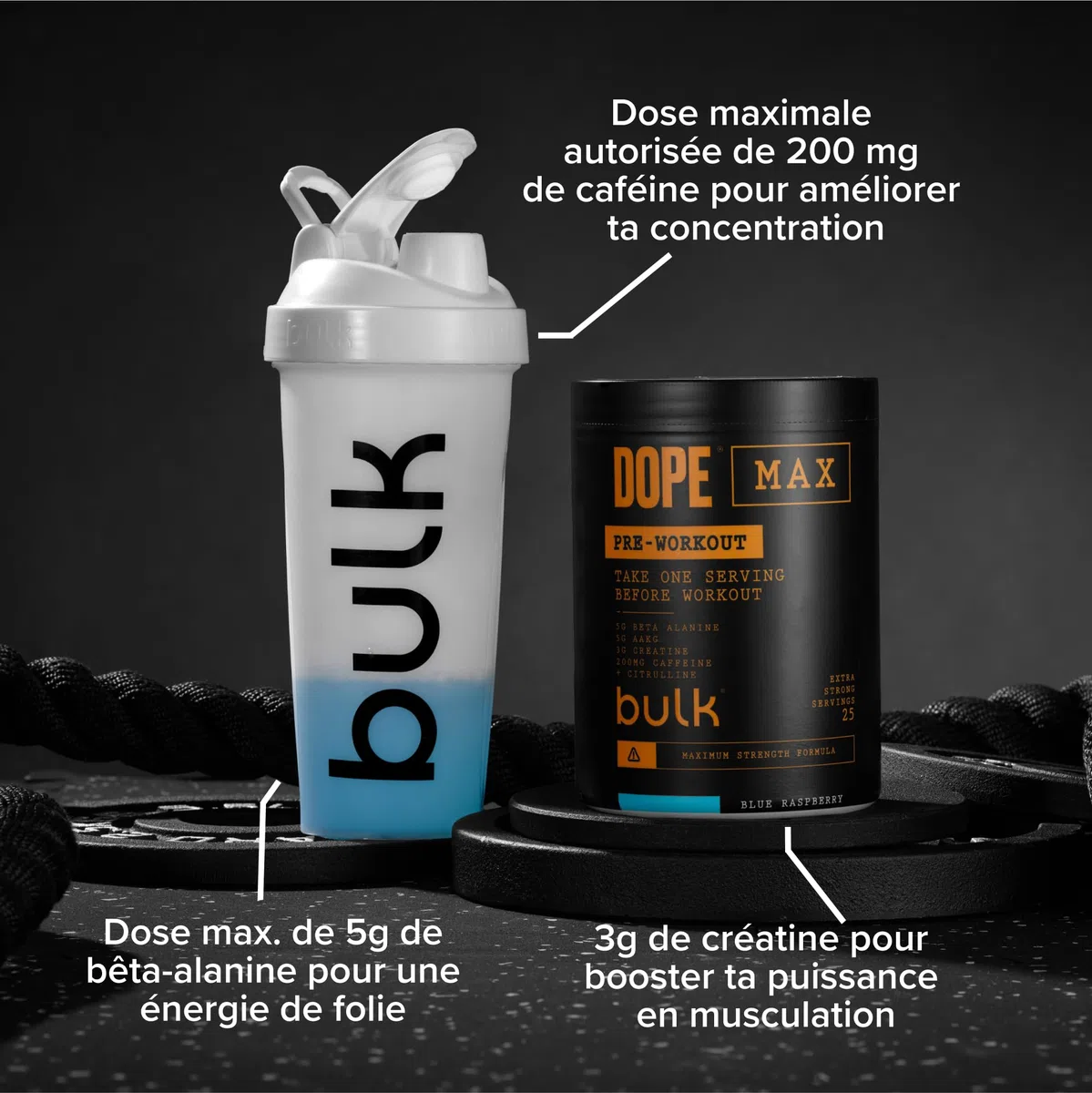 Bulk Dope Max Poudre Pré-Entraînement | 563 g | 25 portions | Haute Teneur en Caféine 200mg | 5g Bêta-Alanine | 3g Créatine | Mélange AAKG & Citrulline | Vitamine B6 | Sour Apple