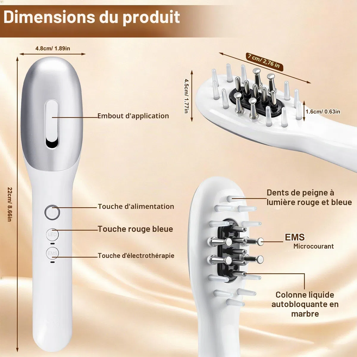 Brosse de Massage É‌lectrique Pour le Cuir Chevelu, Brosse de Massage Portable Pour la Tête à Lumière Rouge et Bleue, Microcourant EMS et Vibration, Favorise la Croissance des Cheveux