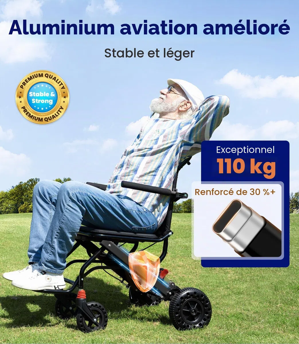 VOCIC U41 Fauteuil Roulant Pliable Ultraléger 8.6KG | Chaise roulante de transport voyage en avion,pneus honeycomb 20CM tous terrains,aluminium compact étroit (Noir)