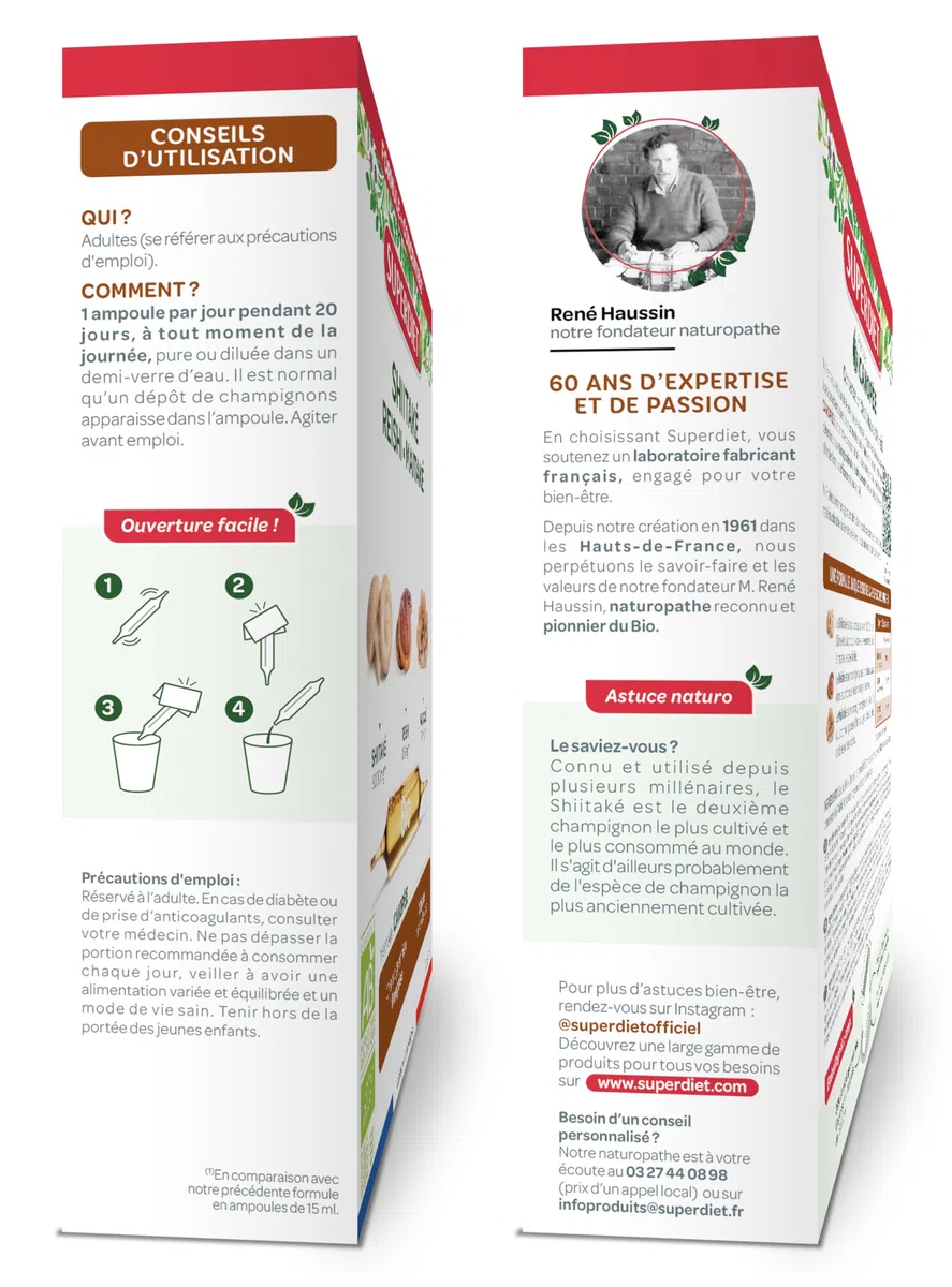Shiitaké Reishi Maitaké - Champignons 100% français - Immunité - Ampoules | Cure 20 ampoules 10ml-Shiitaké 9000mg, Reishi 375mg, Maitaké 375mg-Méthode culture Japonaise-Fabrication Française-Superdiet