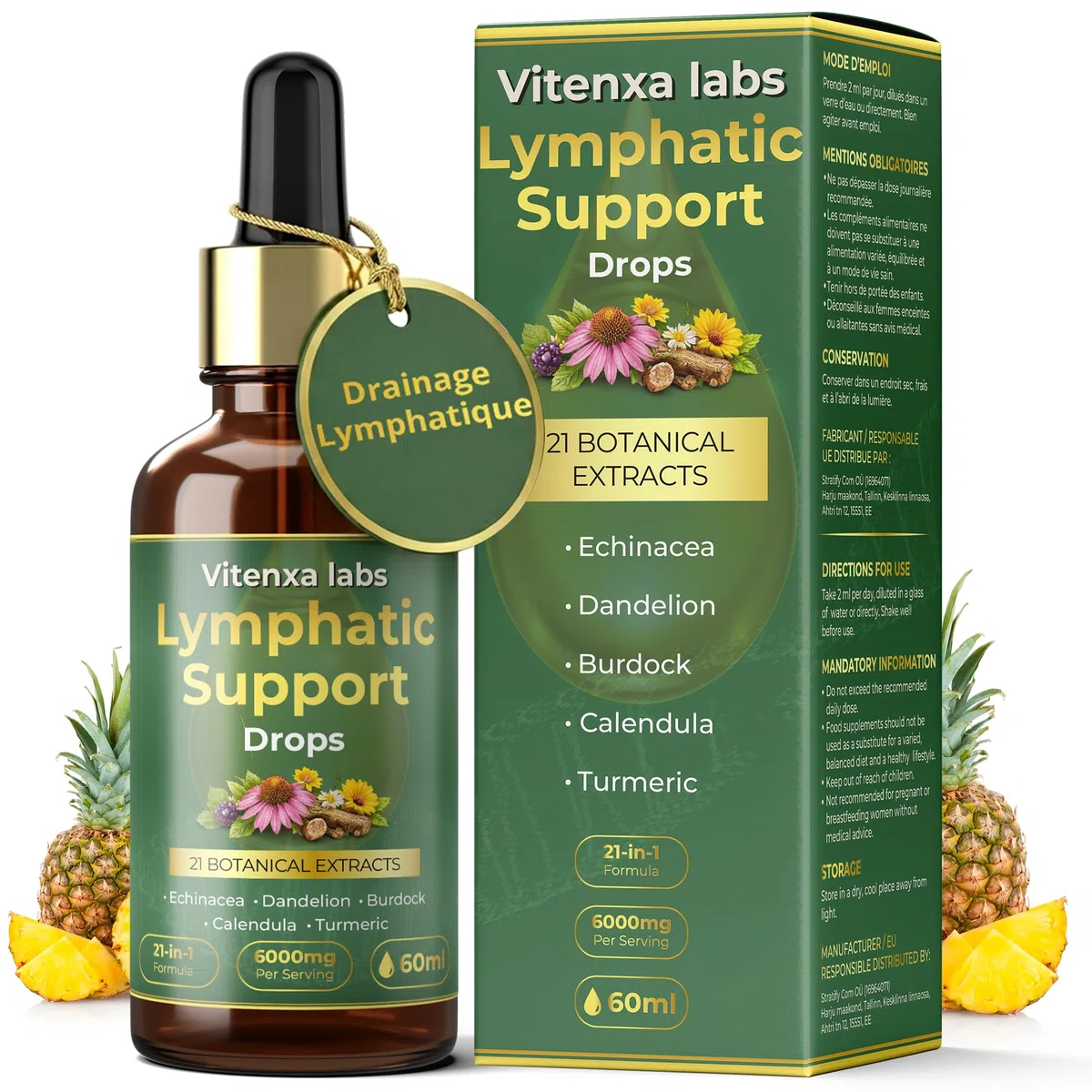 Gouttes pour le système drainage lymphatique- Extrait d'un mélange botanique 21 en 1 - Favorise l'équilibre, le bien-être et le système immunitaire - 100% naturel - Sans OGM - 60 ml