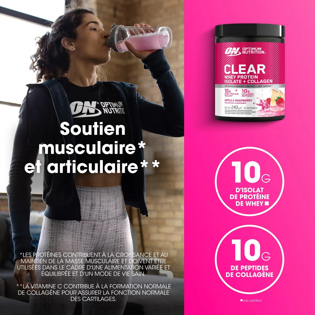 Optimum Nutrition Clear Whey + Collagène, Pomme & Framboise, 10 g Whey Isolate et 10 g Peptides de Collagène par Portion, Boisson Protéinée Claire pour les Articulations, 240 g, 10 Portions*