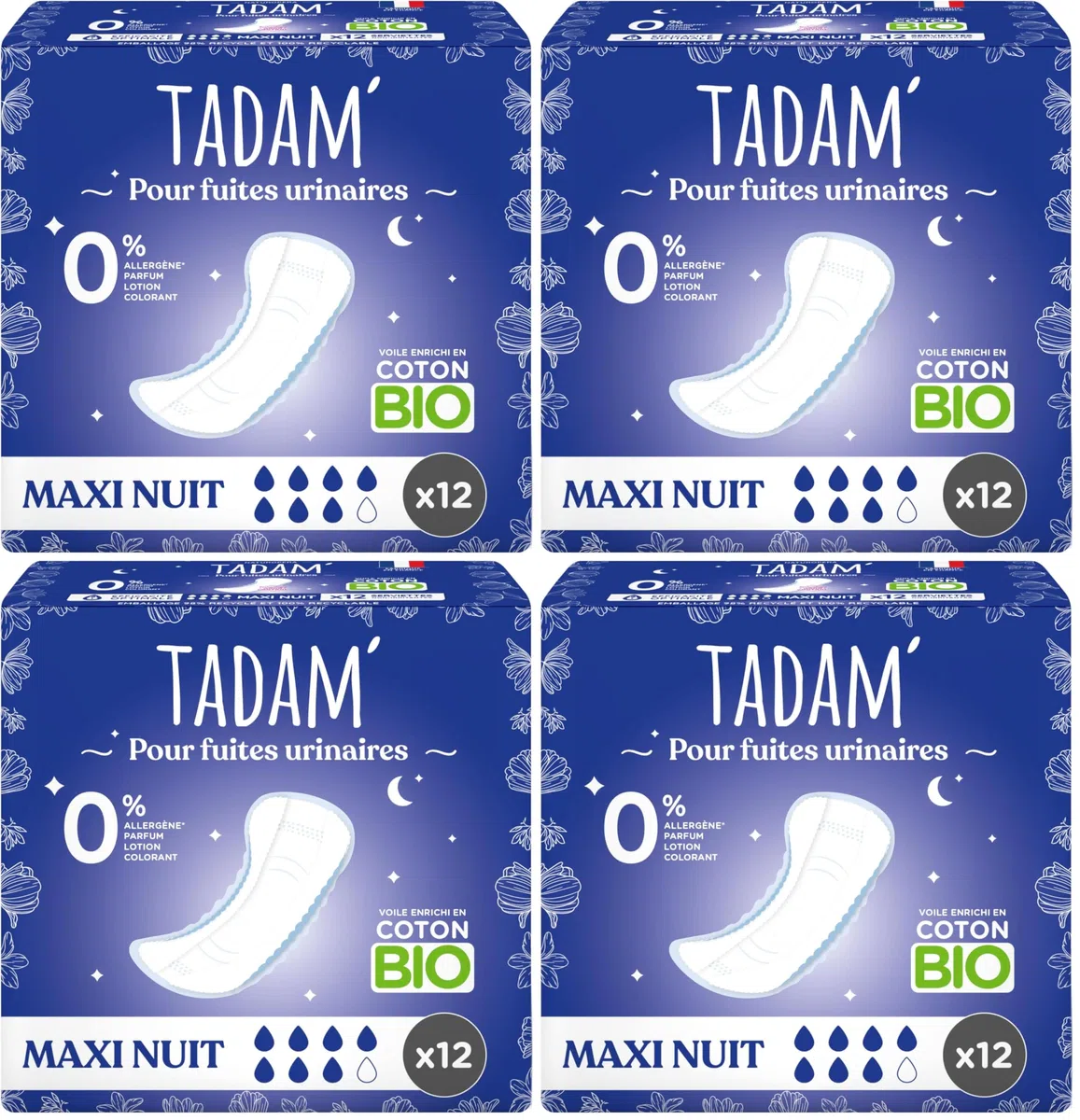 TADAM' - Serviettes Fuites Urinaires - Protection Maxi Night - Enrichi en coton Bio - Sans substances toxiques - Sachet de 12 (Lot de 4)