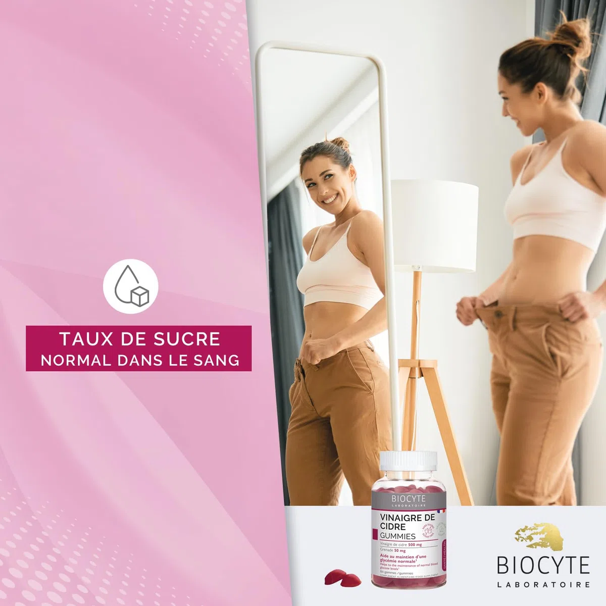 BIOCYTE Gummies Vinaigre de Cidre de Pomme - Complément alimentaire Digestion, Taux de Sucre - Vinaigre de Cidre, Grenade, Chrome, Vitamines B6, B9, B12 - Goût Pomme - 60 gummies - 30 jours de prise