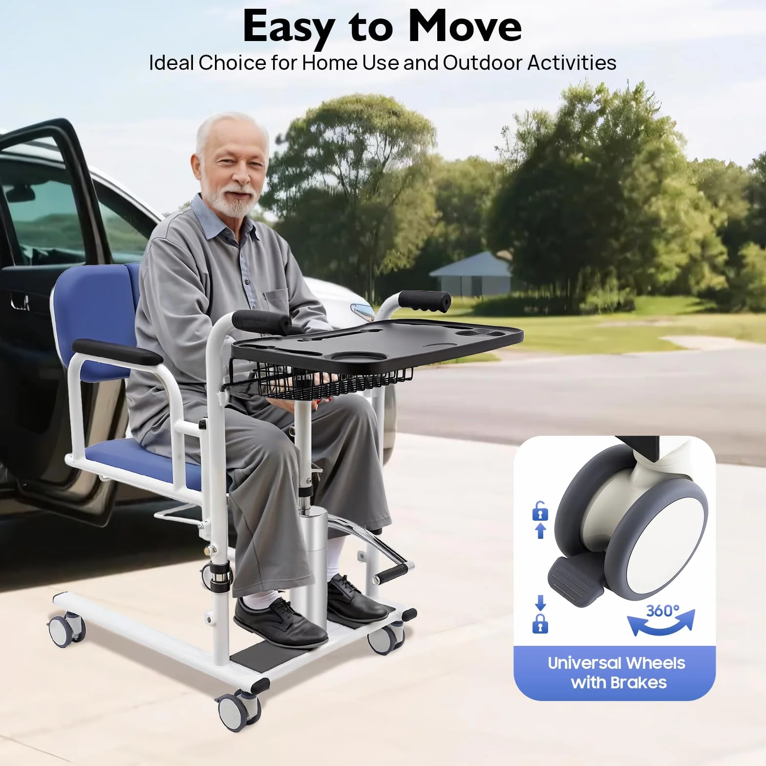 Chaise de transfert hydraulique pour patients - Hauteur réglable - Avec roulettes et siège divisé - Charge maximale : 150 kg - Pour l'intérieur et l'extérieur