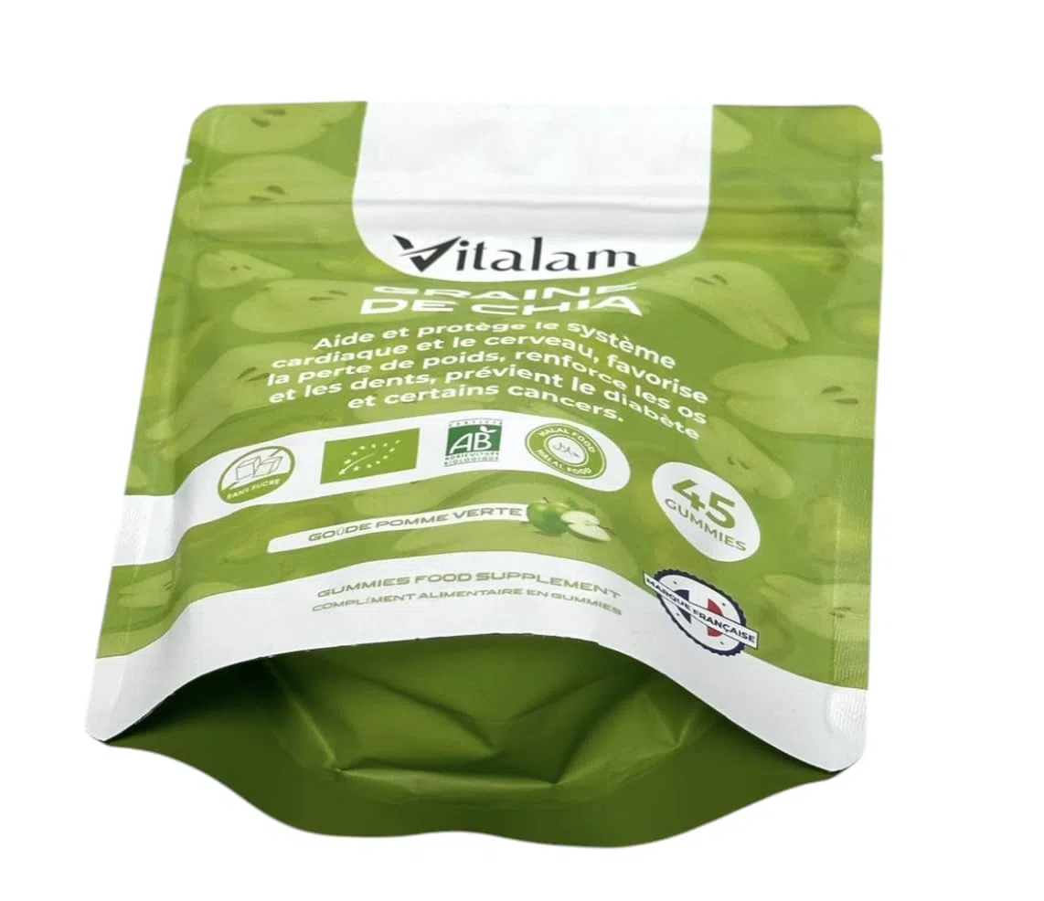 Gummies Graine de chia en sachet, Gummies Chia Minceur & Perte de Poids et de Tour de taille, Source de protéines, fibres et OMEGA 3, Complément alimentaire, Sans Sucre, 45 gummies, Goût Pomme