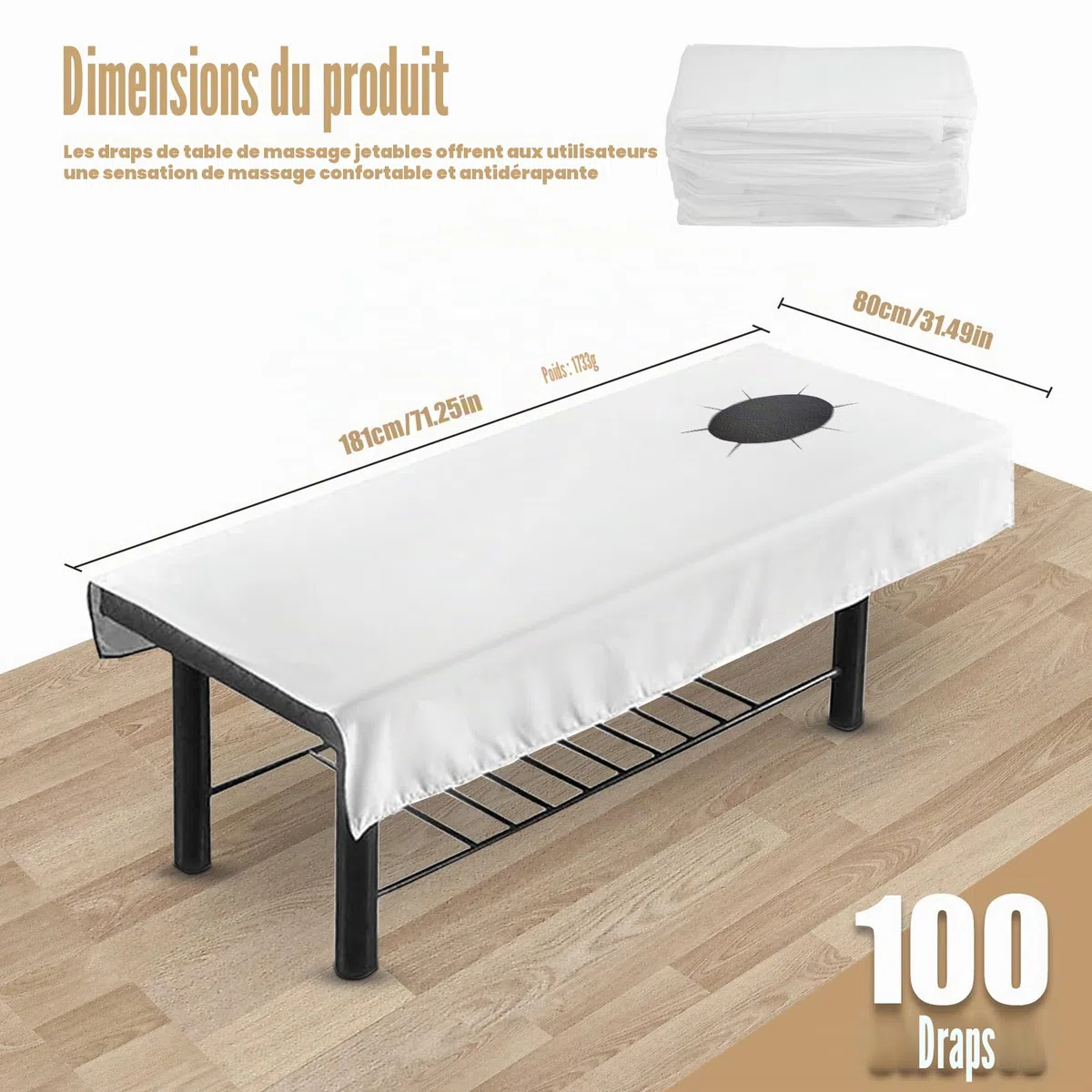 Lot de 100 nappes jetables avec trou pour le visage, pour massage en institut de beauté, spa, table de massage, table de lit, drap de protection avec trou