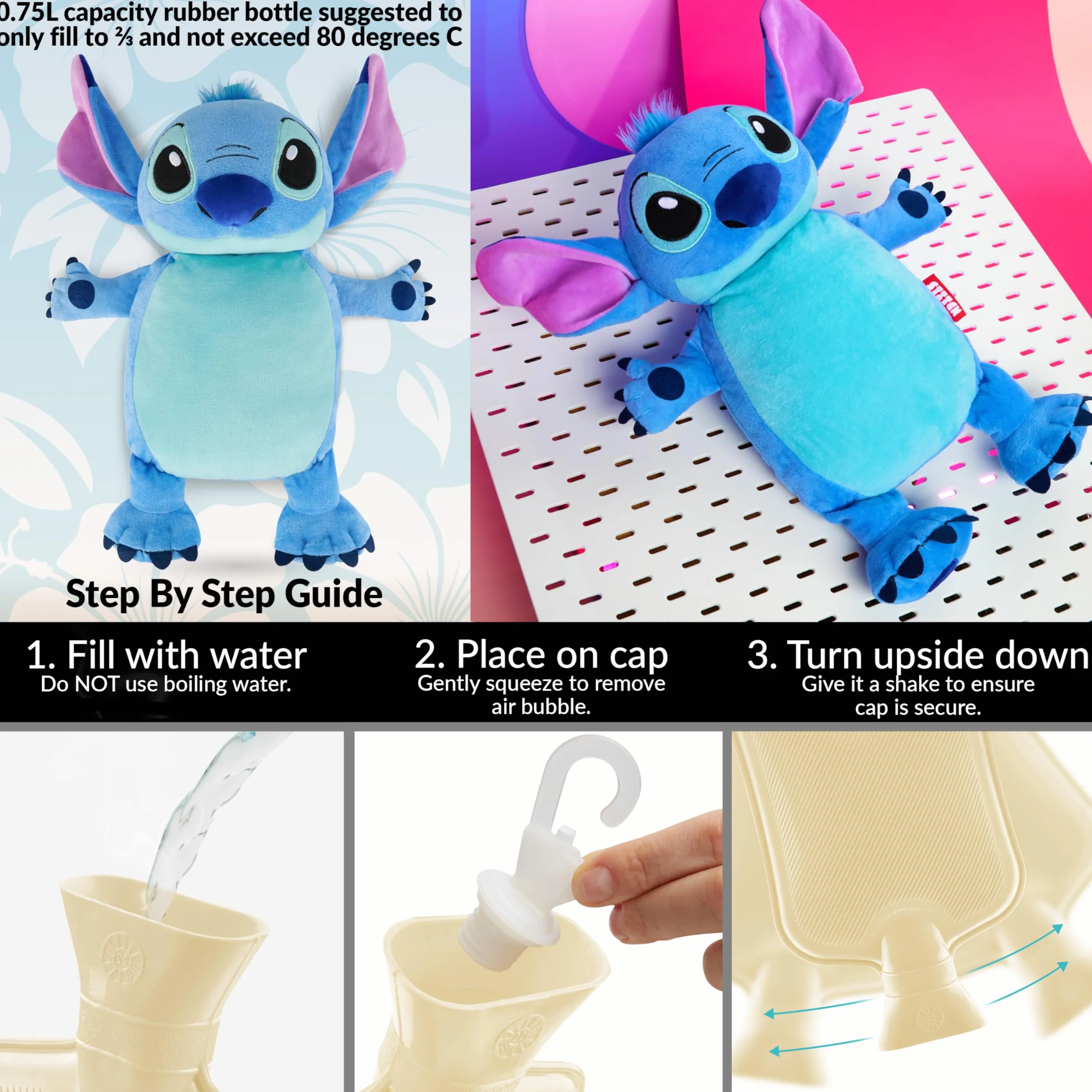 Disney Stitch Bouillotte avec Housse, Bouillotte Regles Douloureuses, Bouillotte Eau Chaude pour Soulagement de la Douleur Dos Cou et Épaules (Stitch 3D 750 ML)