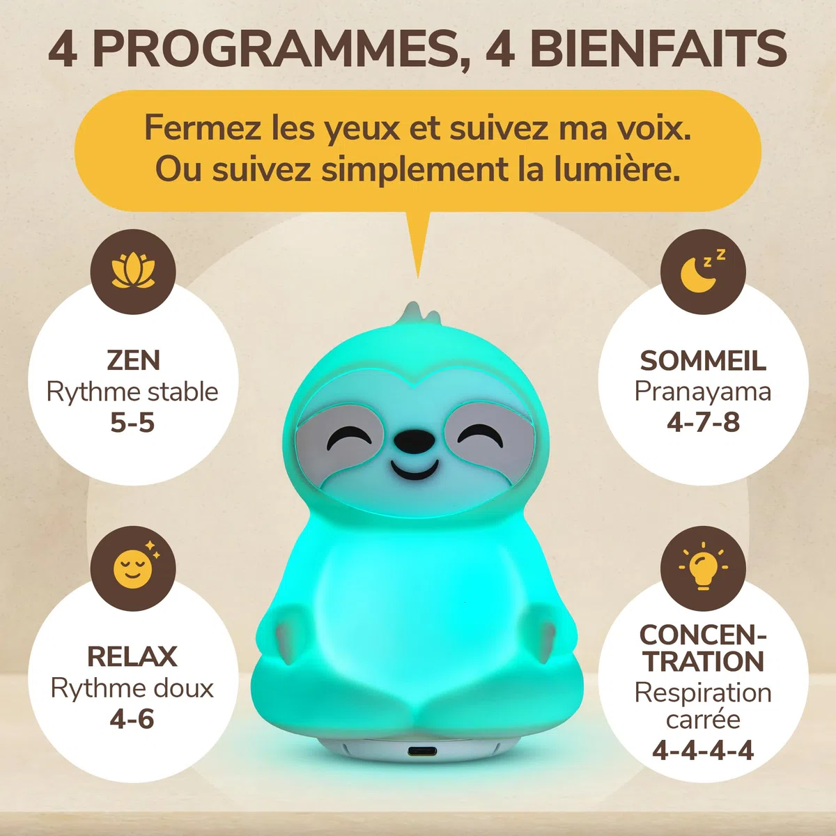 Coach de Respiration Avec Guidage Lumière et Voix – Favorise Sommeil, Relaxation, Concentration et Bien-Être – Respiration Consciente, Pleine Conscience – Instructions Audio Français – Rechargeable