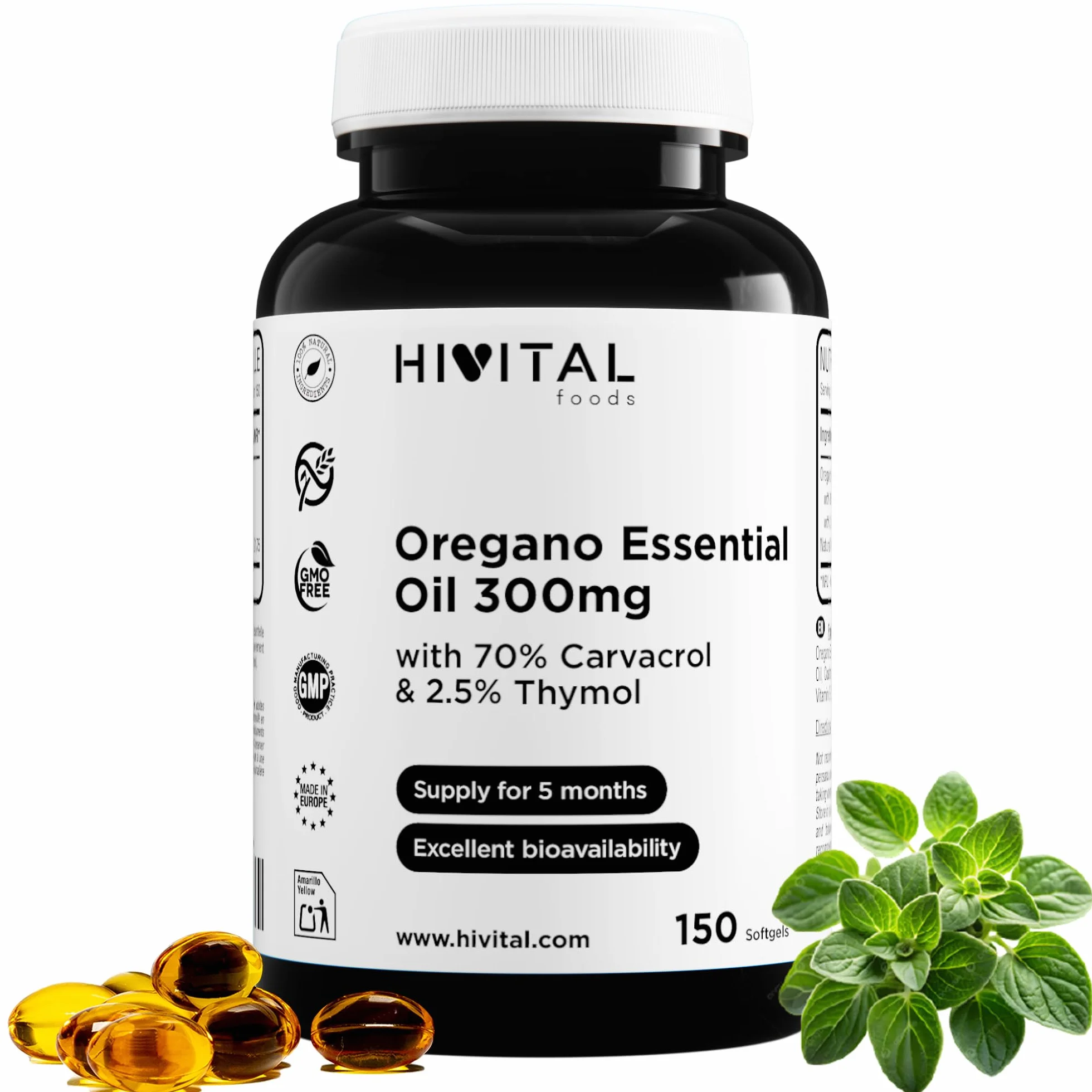 Huile d'Origan 300 mg. 150 capsules pour 5 mois. Avec de l'huile d'olive extra vierge, 70% de carvacrol et 2,5% de thymol par capsule. 100% naturel, sans gluten, sans OGM. Fabriqué par Hivital