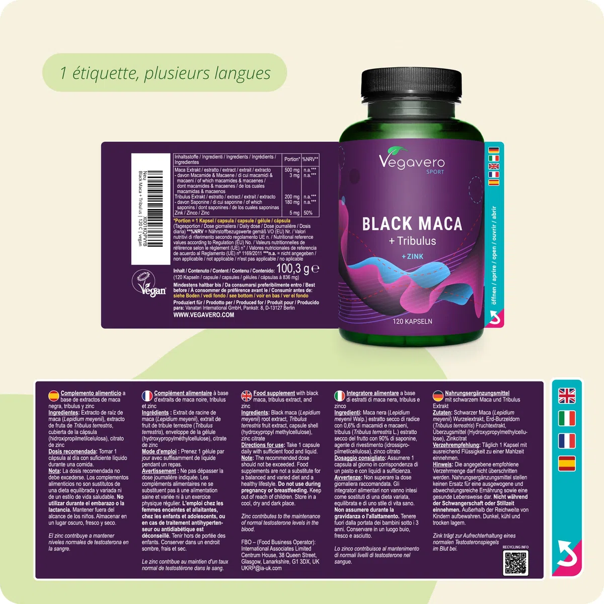 MACA Noire + TRIBULUS Terrestris | Complex EXTRA FORTE | 90% Saponines | Musculation + Endurance pour Hommes et Femmes | 120 Gélules (4 Mois) | VEGAN | Sans Additifs | Vegavero®