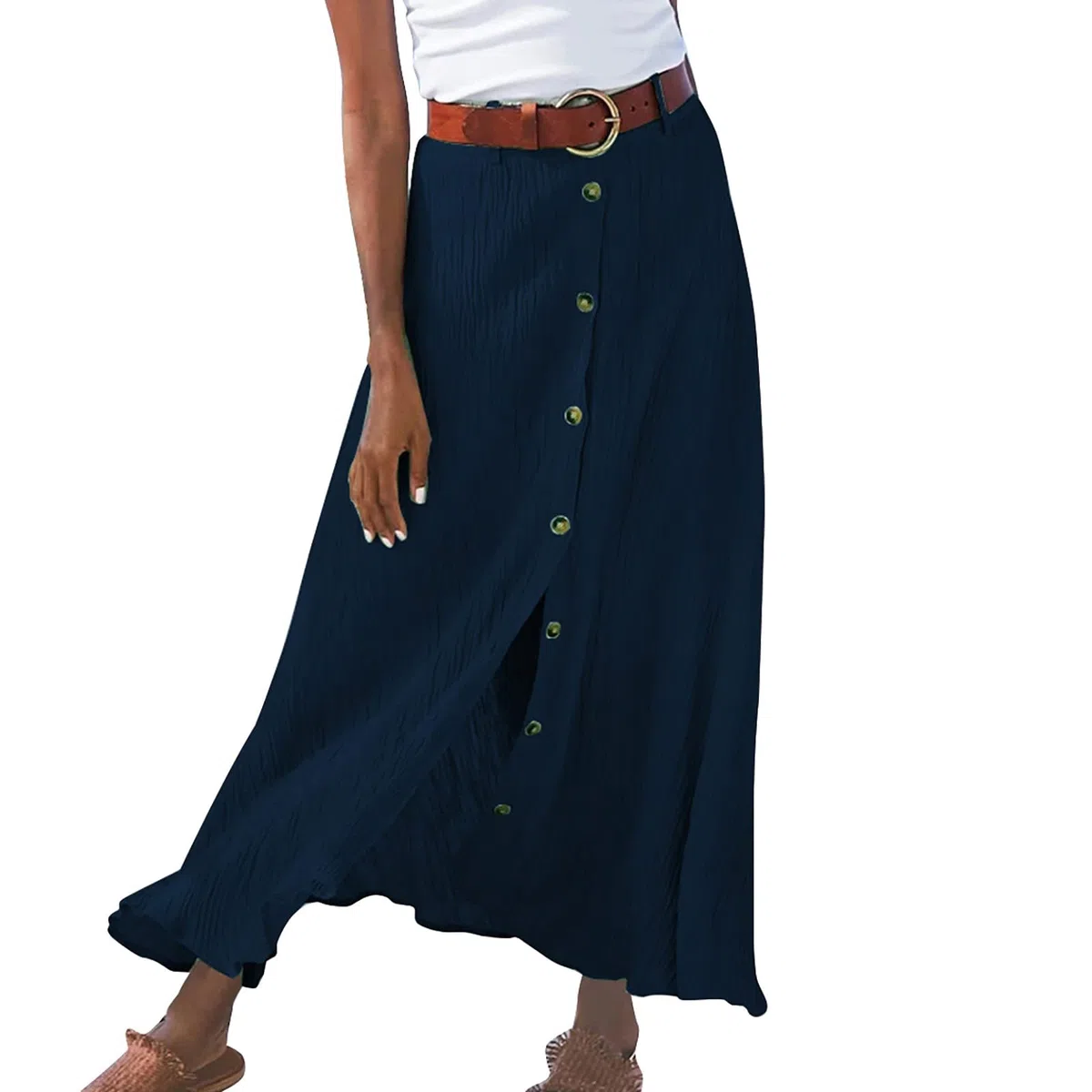 Jupe Lin Femme Taille Haute Ete Fente avec Boutons Couleur Unie Casual Jupes Mi Longue Chic Et élégant Grande Taille Léger Fluide Coton Et Lin De Plage Voyage Vacances Quotidien