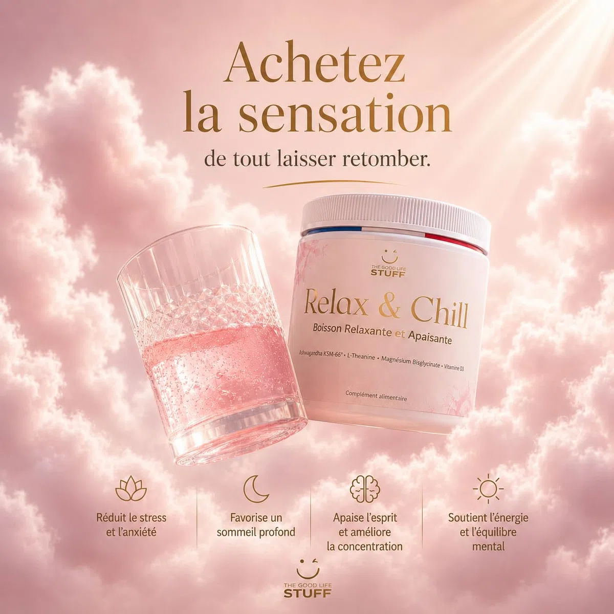 Relax & Chill Boisson Relaxation Anti-Stress/Ashwagandha KSM-66, L theanine, Magnesium Bisglycinate & Vitamine D/Baisse Cortisol & Stress, Améliore Détente et Qualité du Sommeil/Sans Cafeine ni Sucre