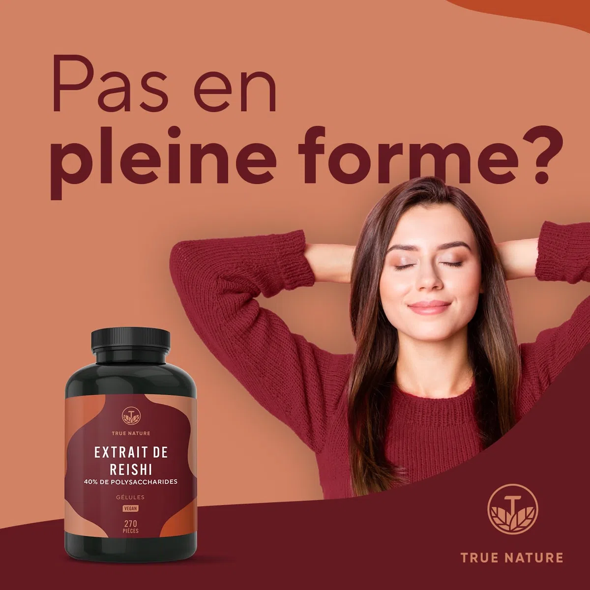 Reishi Ganoderma Lucidum - 270 Gélules - 20.100mg/jour, Extra Concentré (5:1) - 40% Polysaccharides - Immunité & Énergie - Sans Additifs, Gluten & Lactose - TRUE NATURE