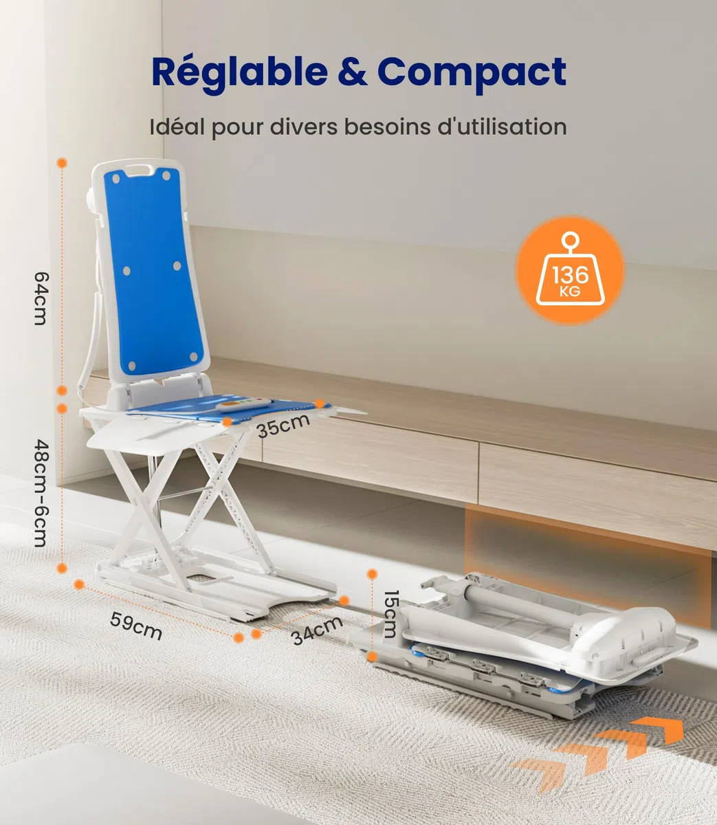 VOCIC Sièges à Levage assisté – Fauteuil élévateur électrique Multifonction, réglable en Hauteur jusqu'à 48 cm, Aide au relevage du Sol pour Personnes âgées, Charge maximale 136 kg