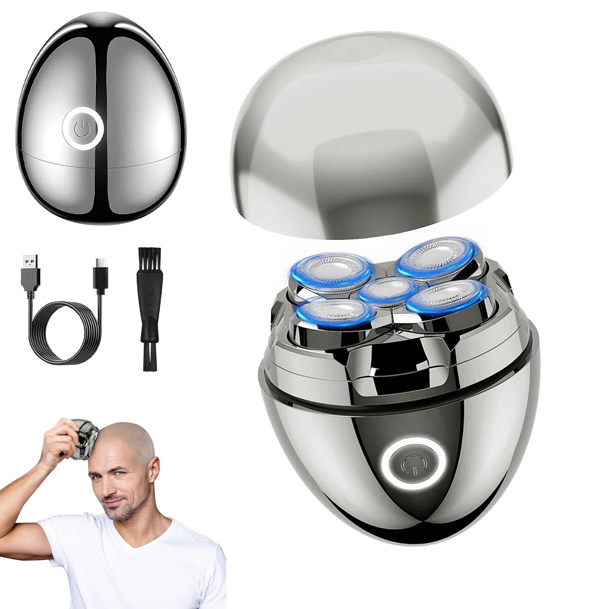 Rasoir Rotatif Homme avec Têtes 5D & Batterie USB-C | Rasoir crânien magnétique, IPX7 étanche, utilisation sèche & humide – idéal pour raser tête et tailler barbe à la maison