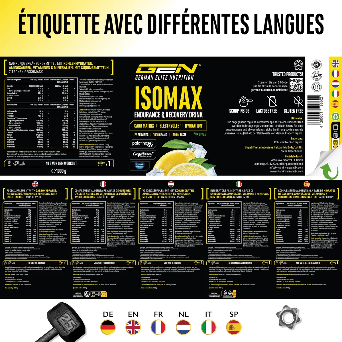 Isomax - 1000g de poudre pour boisson isotonique avec maltodextrine, glucose, eau de coco, acides aminés, électrolytes & vitamines - végétalien - avec Palatinose™, CocoMineral®, Aquamin® (citron)