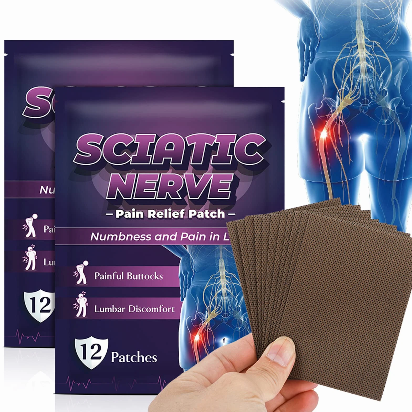 Patch De Réduction de la Douleur, 60 Feuilles De Patch De Réduction de la Douleur du Nerf Sciatique En Tissu élastique Patch Musculaire à Libération Multifonctionnelle Pour les Fesses du Dos