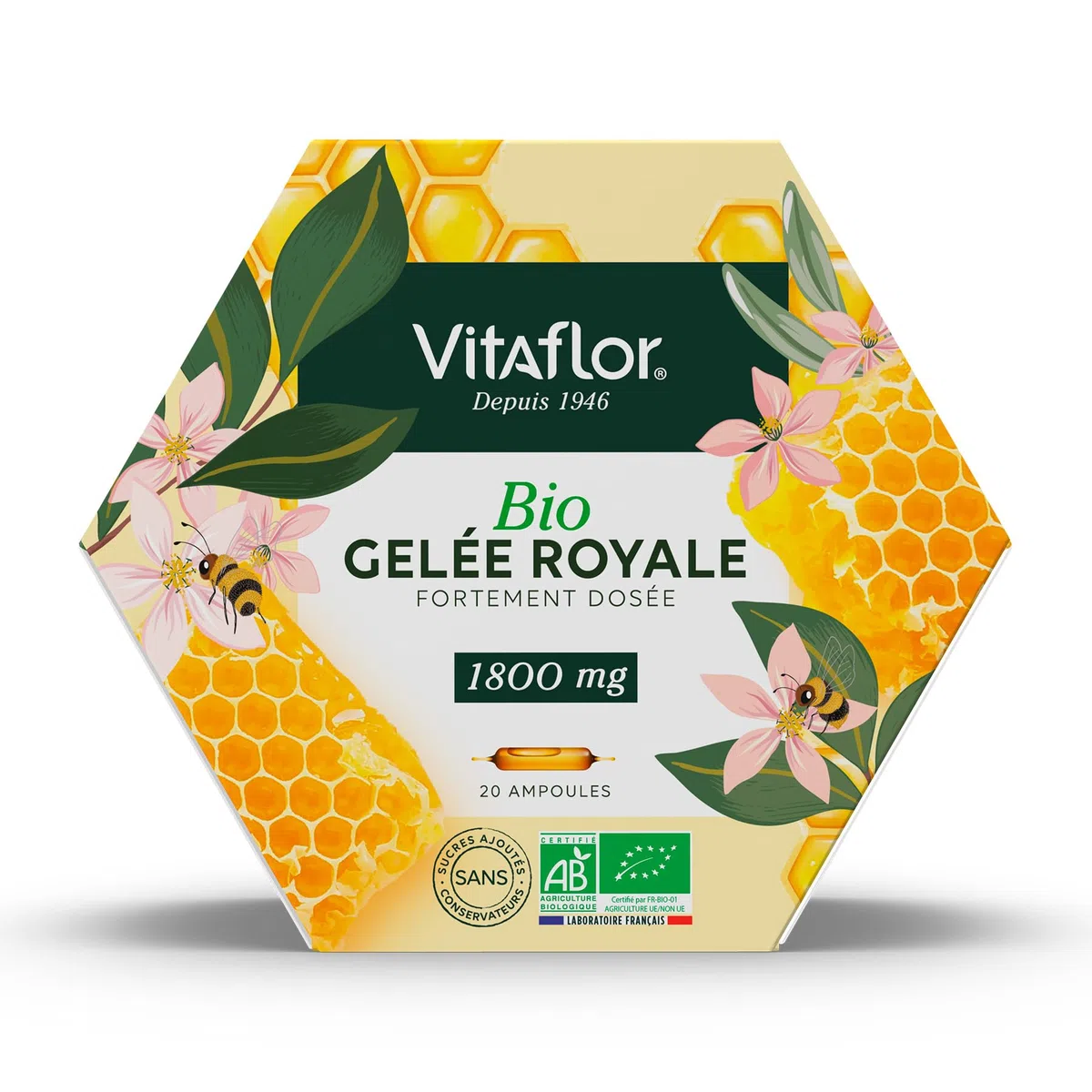 Gelée Royale Bio 1800 mg | Boite de 20 Ampoules | Haute Teneur en Acides Aminés, Minéraux et Vitamines | Programme de 20 jours | Vitaflor