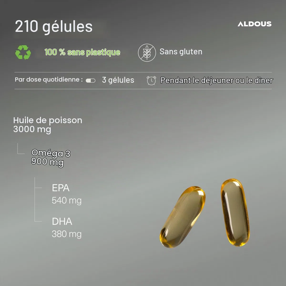 Oméga 3 Dha Epa Huile de Poisson - 3000 mg par jour - 210 Gélules (+2 mois) | Avec Acides Gras EPA et DHA - Haute Concentration - Vitamine E, Acides Gras - Vision et Cerveau - Complement alimentaire