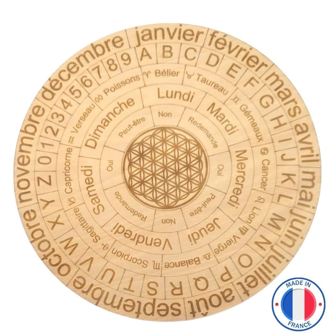 Planche multifonction pour pendule divinatoire 20cm | Idéale pour vos séances de radiesthésie | Écrite en français avec mois, jours, lettres, chiffres, signes astrologiques, OUI/NON, Fleur de Vie