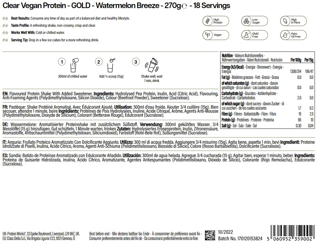 Protein Works - Protéines végétaliennes claires, boisson rafraîchissante à haute teneur en protéines, 18 shakes, pastèque, 270 g