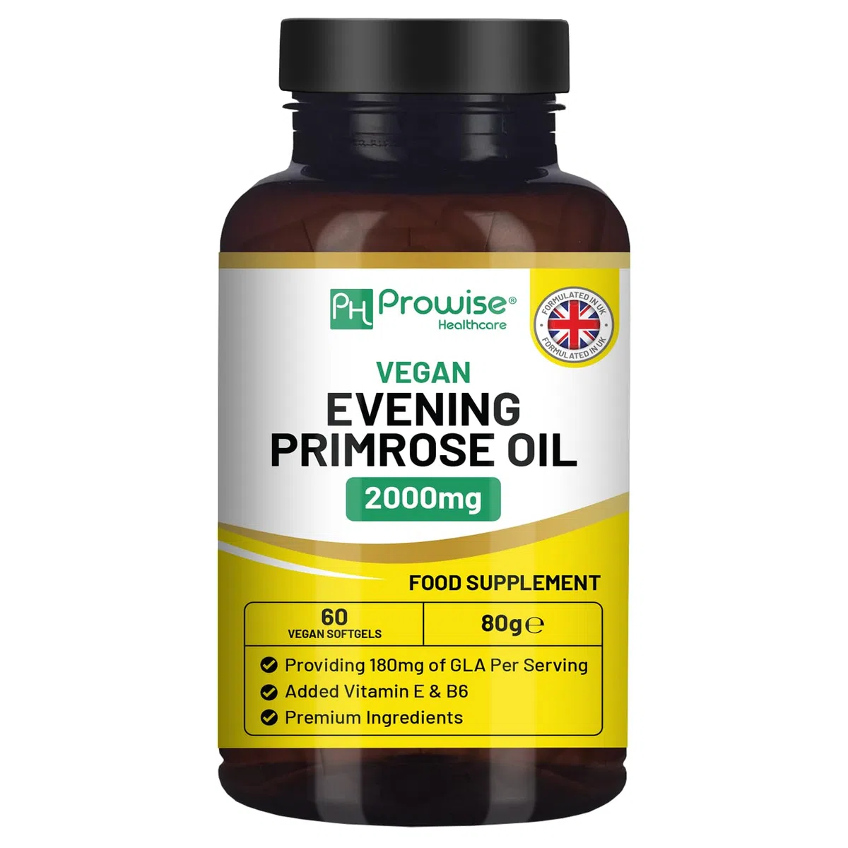Huile d'onagre végétalienne 2000 mg avec vitamine E et B6 – 60 gélules molles végétaliennes | 180 mg de GLA par capsule I Santé des femmes I Qualité supérieure I par Prowise Healthcare