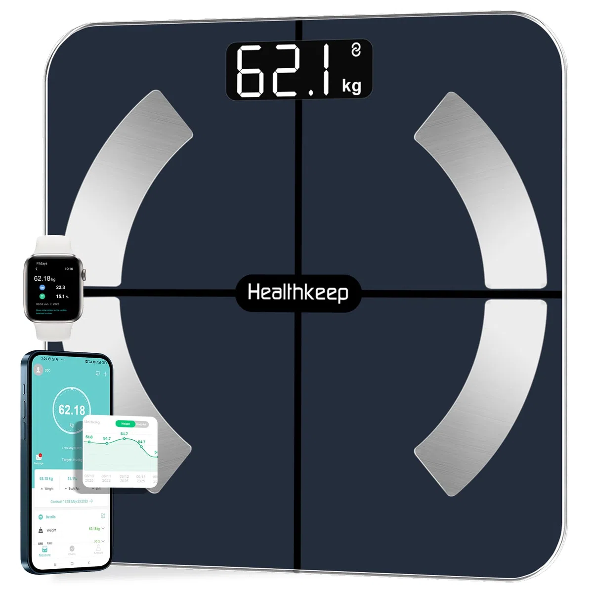 Healthkeep Pèse Personne Numériques, Balance Connectée Bluetooth Impédancemètre avec 13 Données Corporelles (BMI/Graisse Corporelle/Masse Osseuse/BMR/Muscle/Eau) pour APP Max 180kg