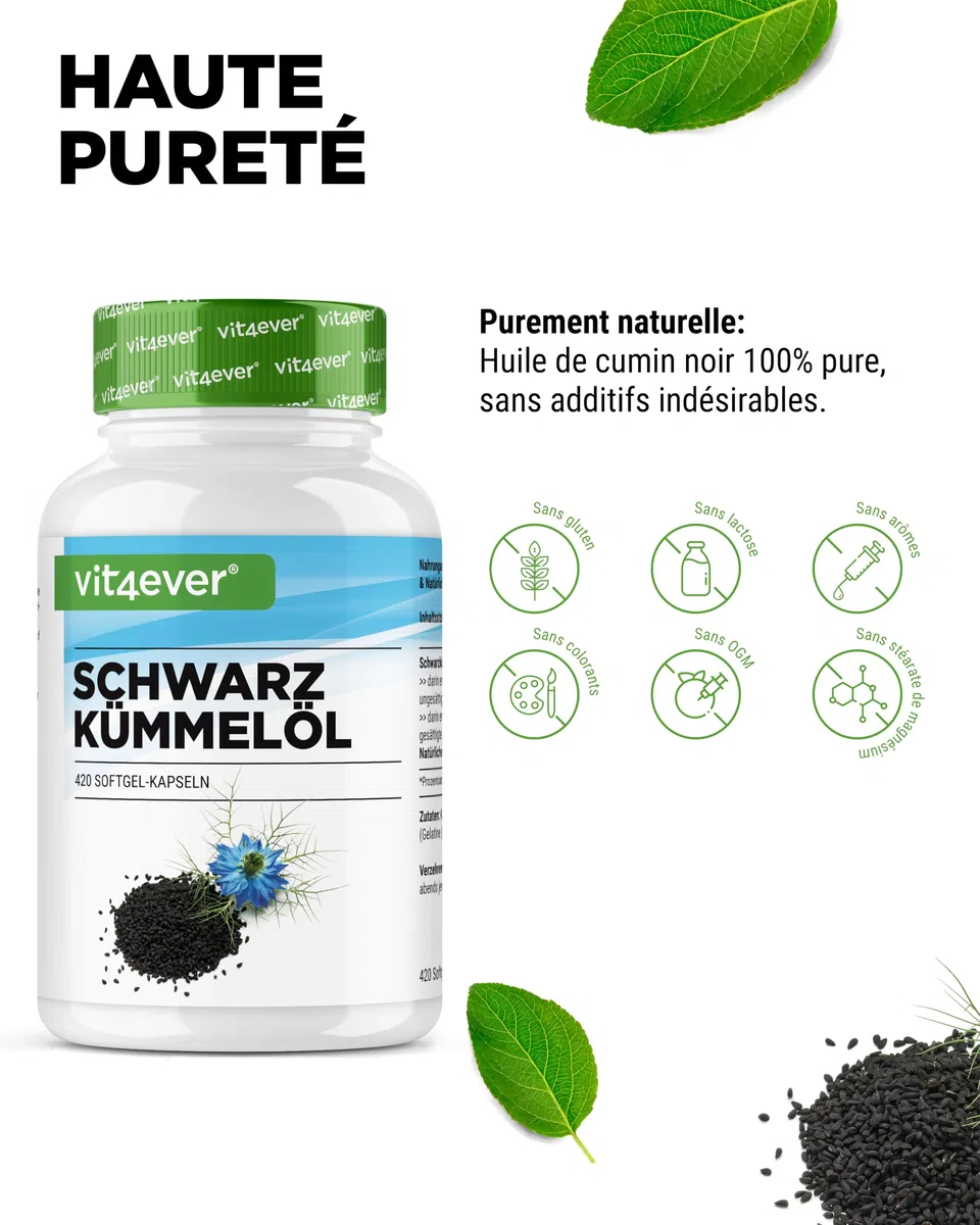 Huile de Cumin Noir - 420 capsules - 1000 mg par Portion Journalière - Egyptienne, Naturelle & Pressée à Froid - Véritable Nigella sativacapsules d'Huile de Cumin Noir à Haute Dose.