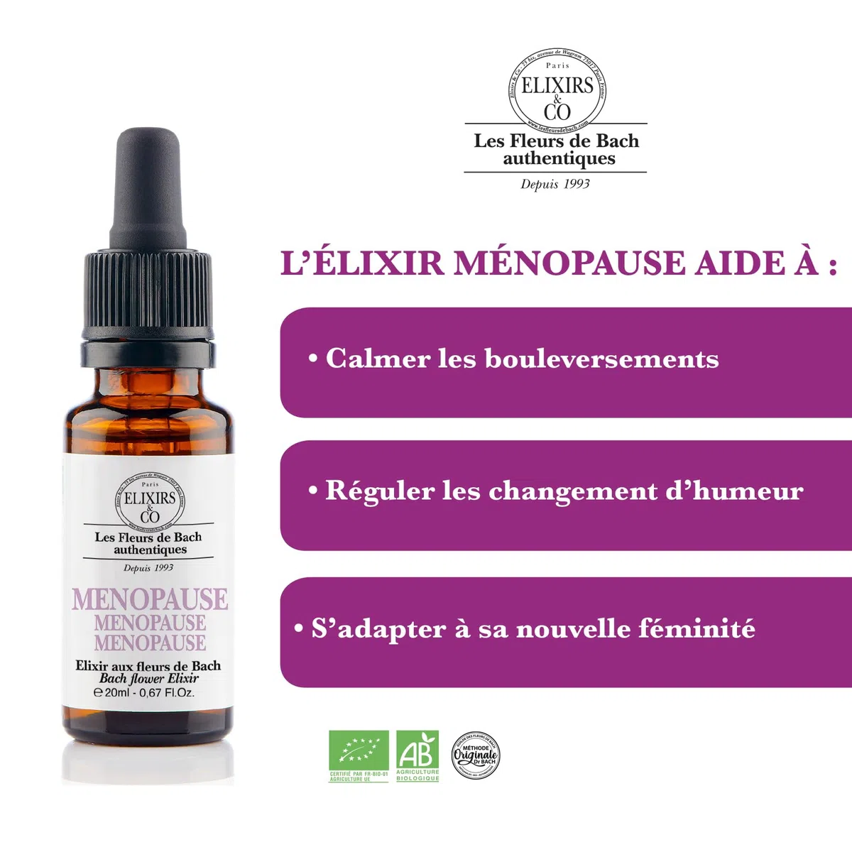 Elixir & Co Ménopause Bio Prêt à l'Emploi, Composé Unique aux Fleurs de Bach 20ml - Calme, Sommeil, Vie Intime Adulte - Compte Gouttes Fleur De Bach 100% Naturel - Fabriqué en France