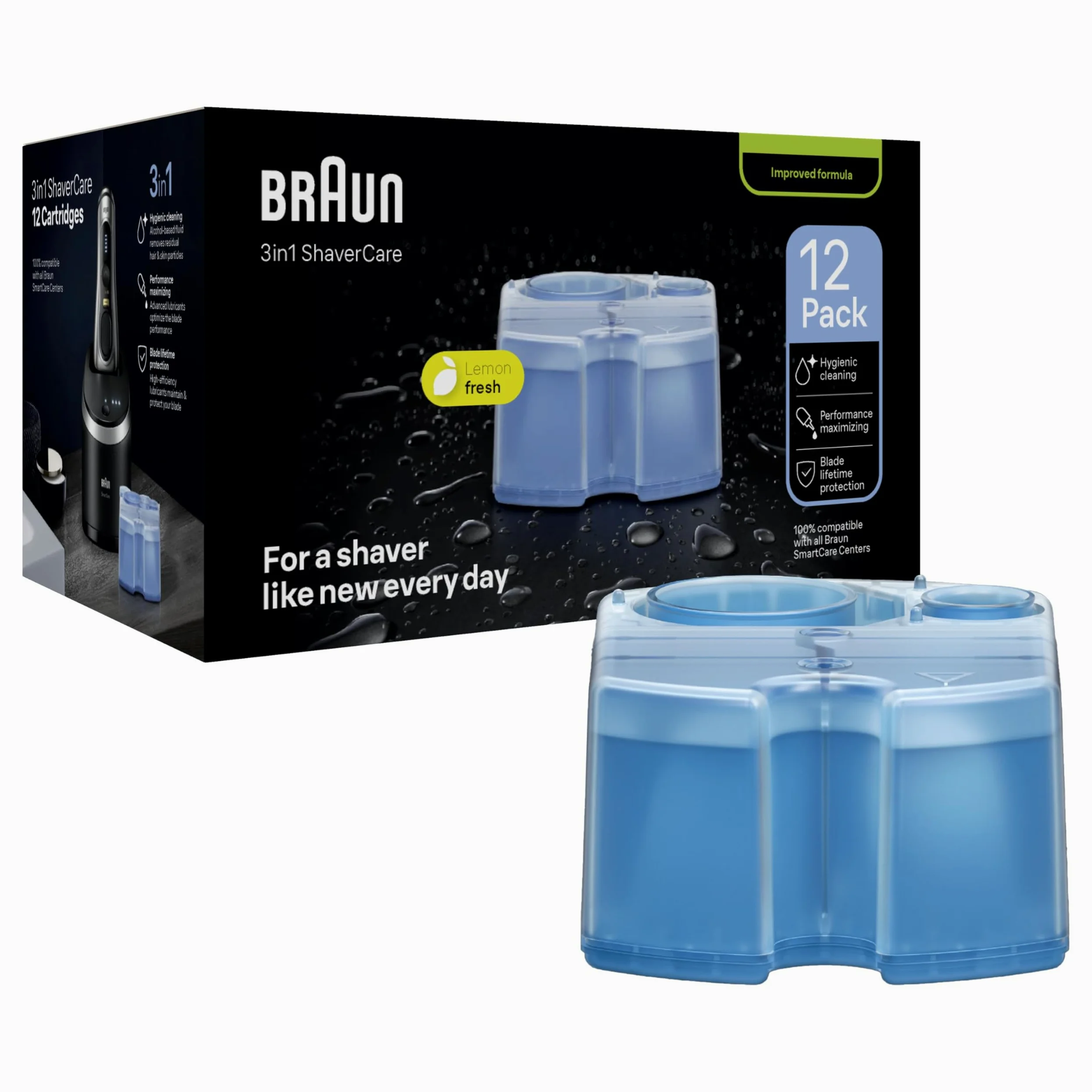 Braun ShaverCare Lot de 12 cartouches de nettoyage 3 en 1 pour station de nettoyage, nettoie le rasoir 10 fois mieux que l'eau, cartouche d'origine, nettoyage hygiénique, élimine les poils et les