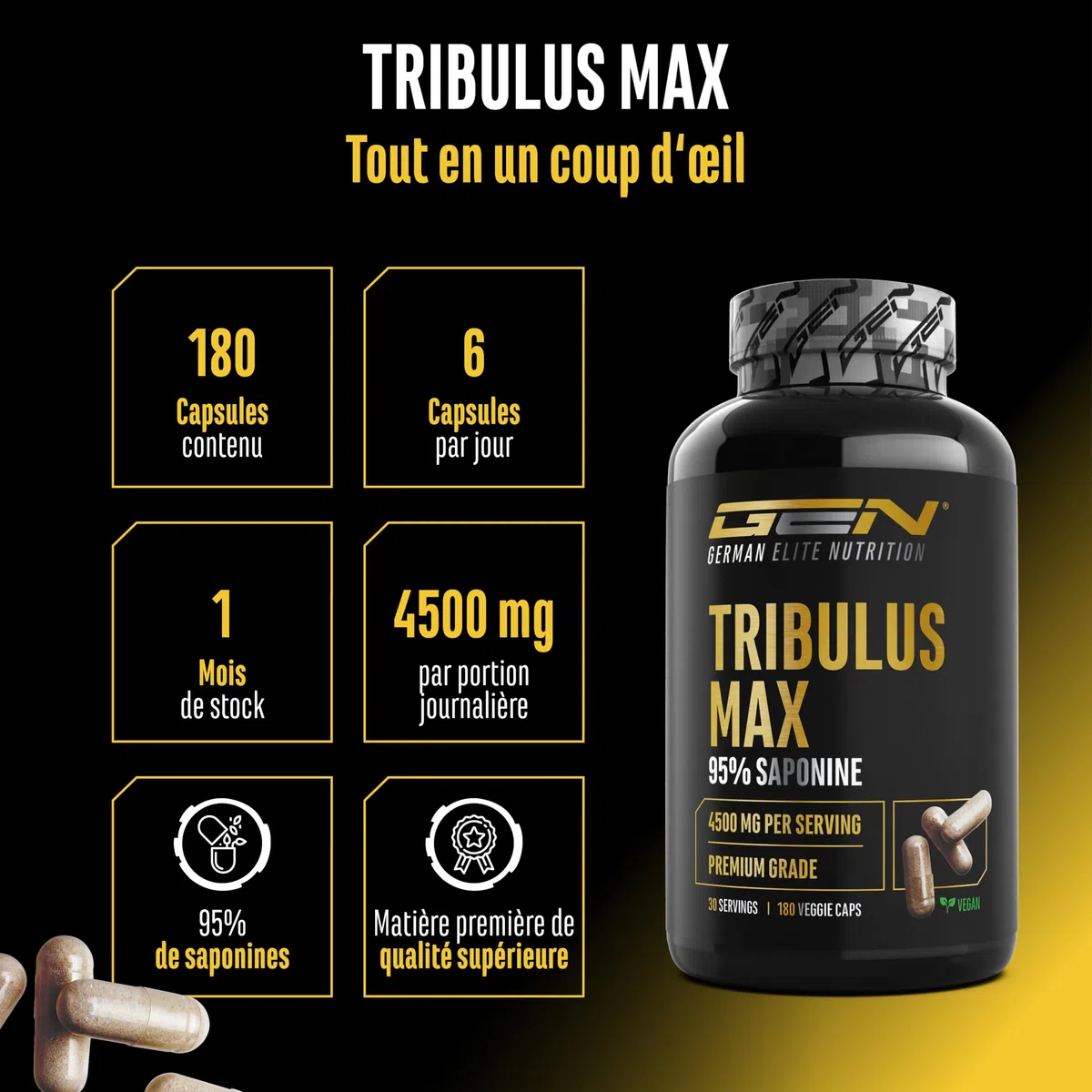 Tribulus Max - 180 capsules - Hautement Dosé avec 4500 mg par Dose Journalière - Premium : 95% Saponines - Extrait pur de Tribulus Terrestris 10:1 - sans Additifs Inutiles, Végan