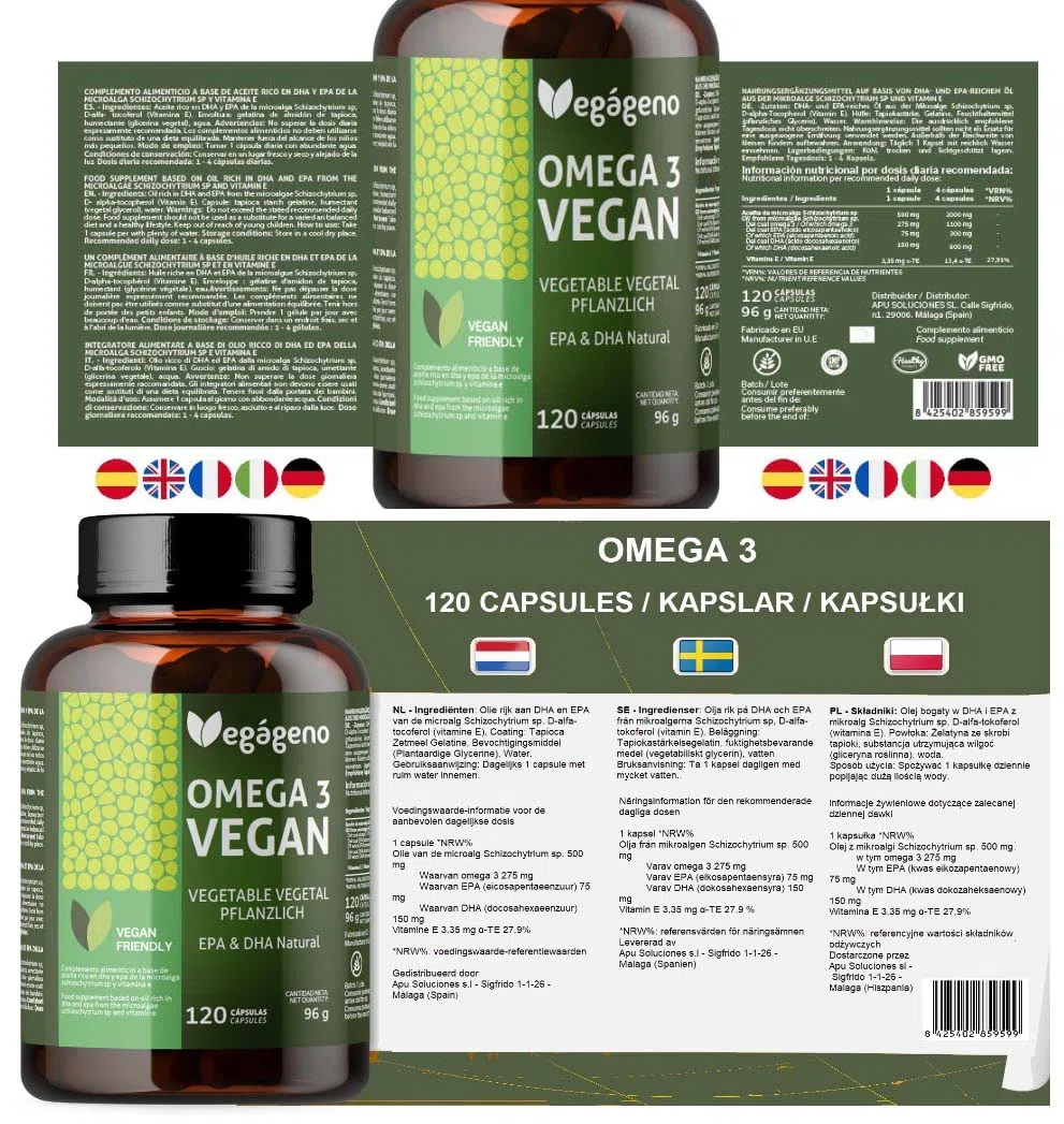 OMEGA 3 VEGAN - Huile d'algues 2000MG d'origine végétale. Haute concentration de 600 mg de DHA et 300 mg d'EPA par dose quotidienne. 100% naturel. Sans gluten. Non OGM. Compatible avec le VEGAN