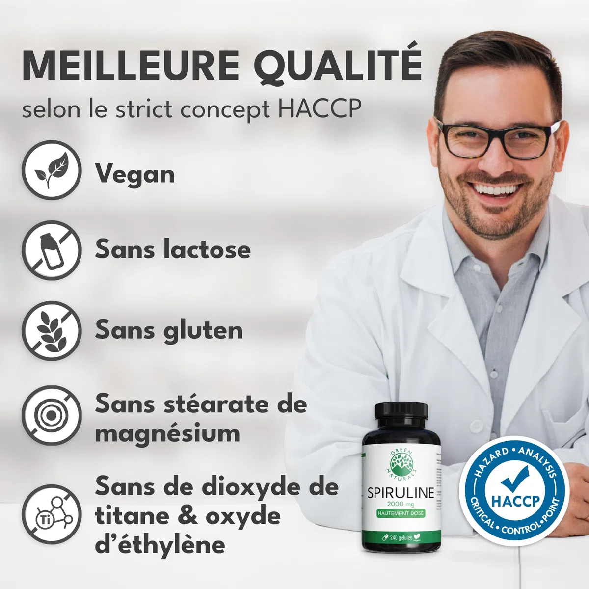 Green Naturals Spiruline 2 000 mg par jour – 240 gélules | Arthrospira platensis · Poudre pure · Vegan · Cure de 2 mois · Testé en laboratoire