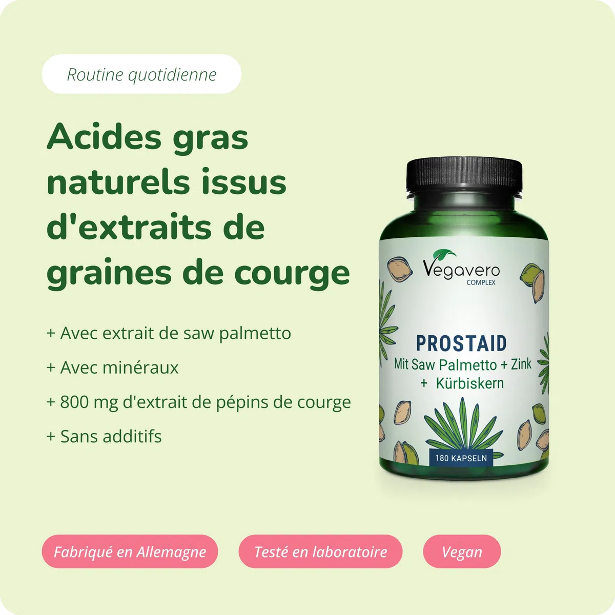 Complexe Prostate & Confort Urinaire Homme | 180 Gelules | 100% Naturel | Saw Palmetto + Zinc + Ortie + Citrouille | Avec 45% Acides Gras | VEGAN | 3 Mois