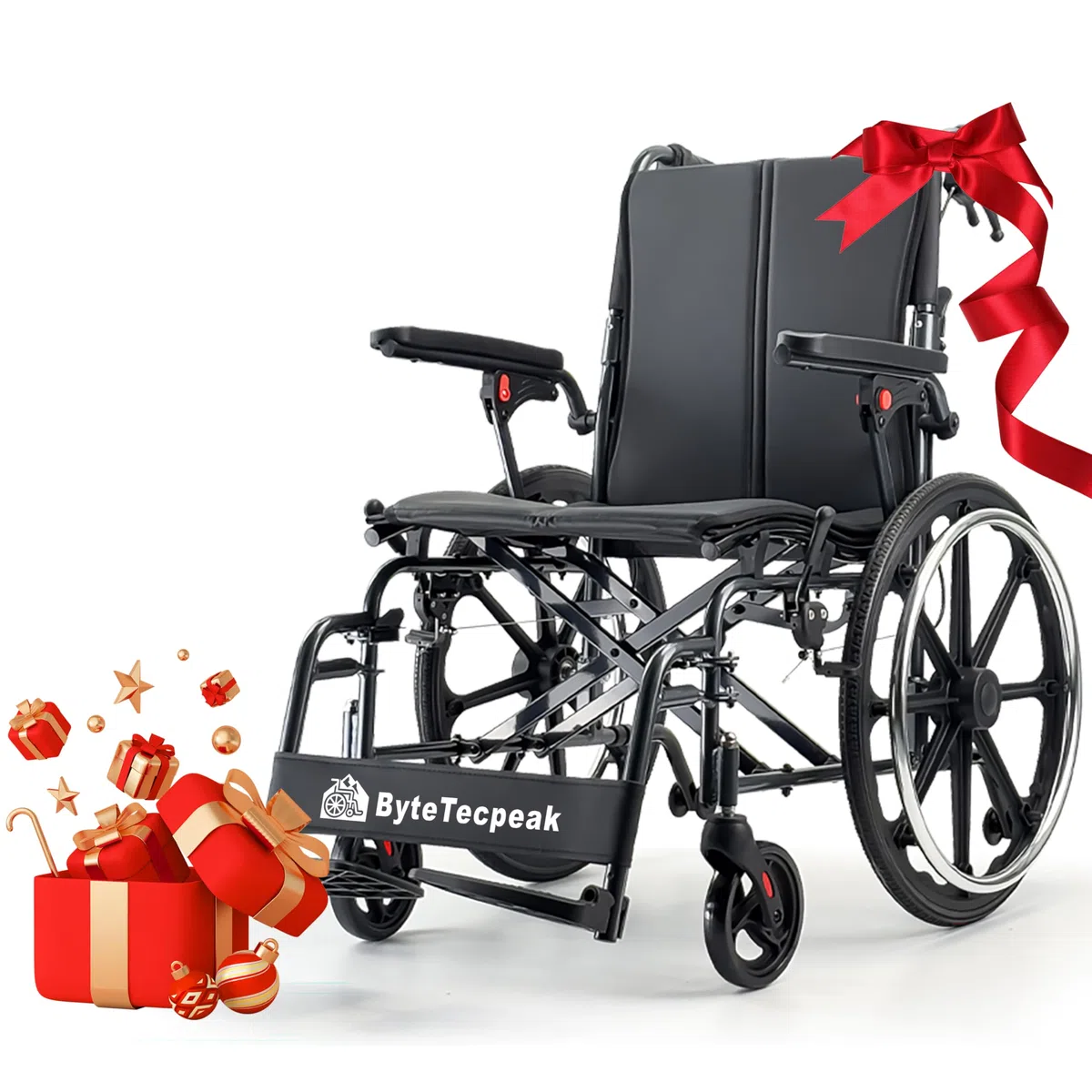 M4 Fauteuil roulant pliable léger avec double rembourrage d'assise, roues avant absorbant les chocs, cadre en aluminium léger, accoudoirs amovibles, pneus en caoutchouc sans entretien