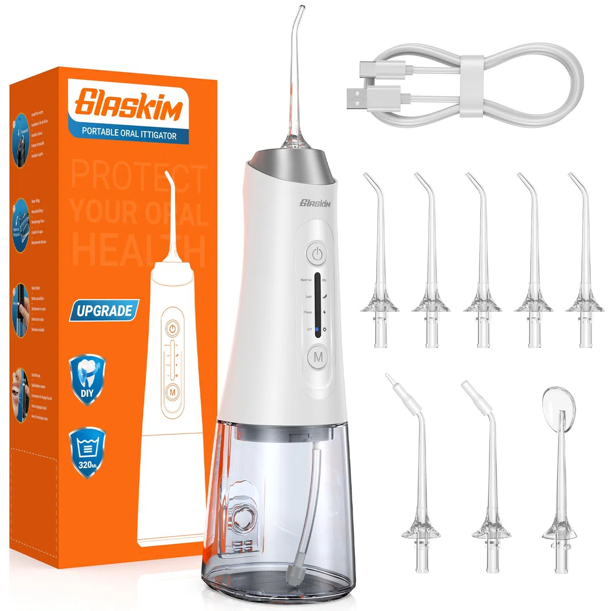 Jet Dentaire Hydropulseur Professionnel - 4 Modes de Nettoyage, Réservoir 320ML Grande Capacité, 8 Buses Interchangeables, USB Charge Rapide, IPX7 Étanche, Portable pour Maison & Voyage Blanc