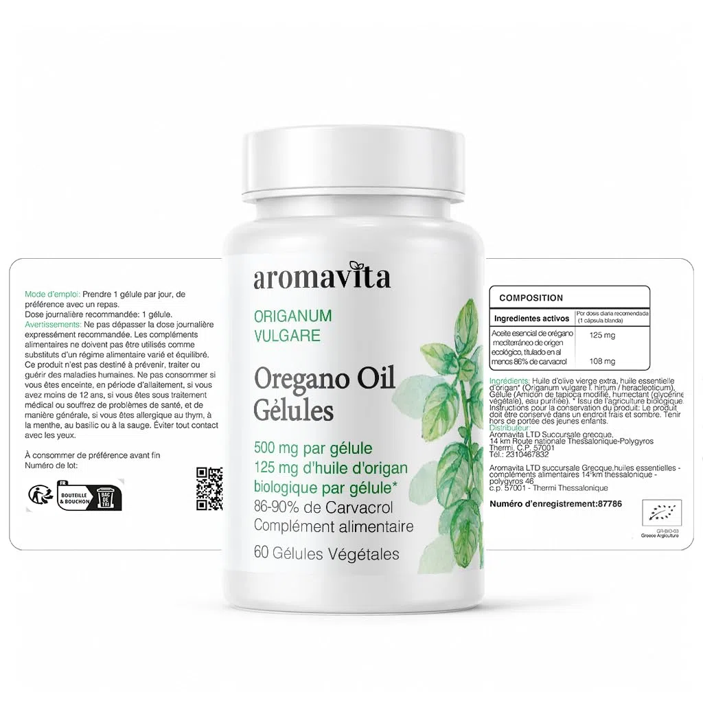 Huile d'Origan Grec 86-90% de Carvacrol – Complément Alimentaire – 60 Gélules