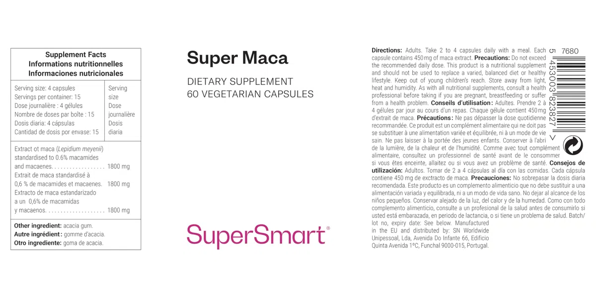 Super Maca - Maca Péruvienne - Soutient l’Énergie, la Vitalité & la Libido - Standardisé à 0,6% de Macamides et de Macaenes - Ginseng Péruvien - Vegan - Sans Gluten - SuperSmart