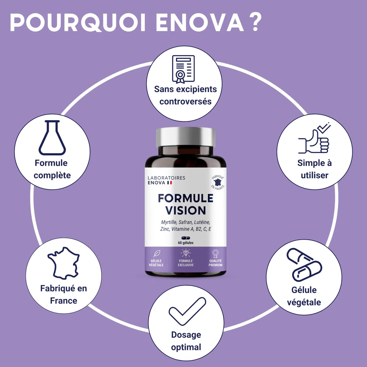 FORMULE VISION | Complément alimentaire pour les yeux | Myrtille, Safran, Lutéine, Zinc et Vitamines | Maintien d'une vision normale, yeux secs et fatigués | 60 Gélules | Fabriqué en France