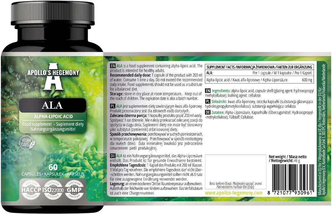 ALA (Alpha Lipoic Acid) 600 mg - 60 gélules végétaliennes - Optimise la gestion du glucose - Soutient la santé mitochondriale - Approvisionnement de deux mois - par Apollo's Hegemony