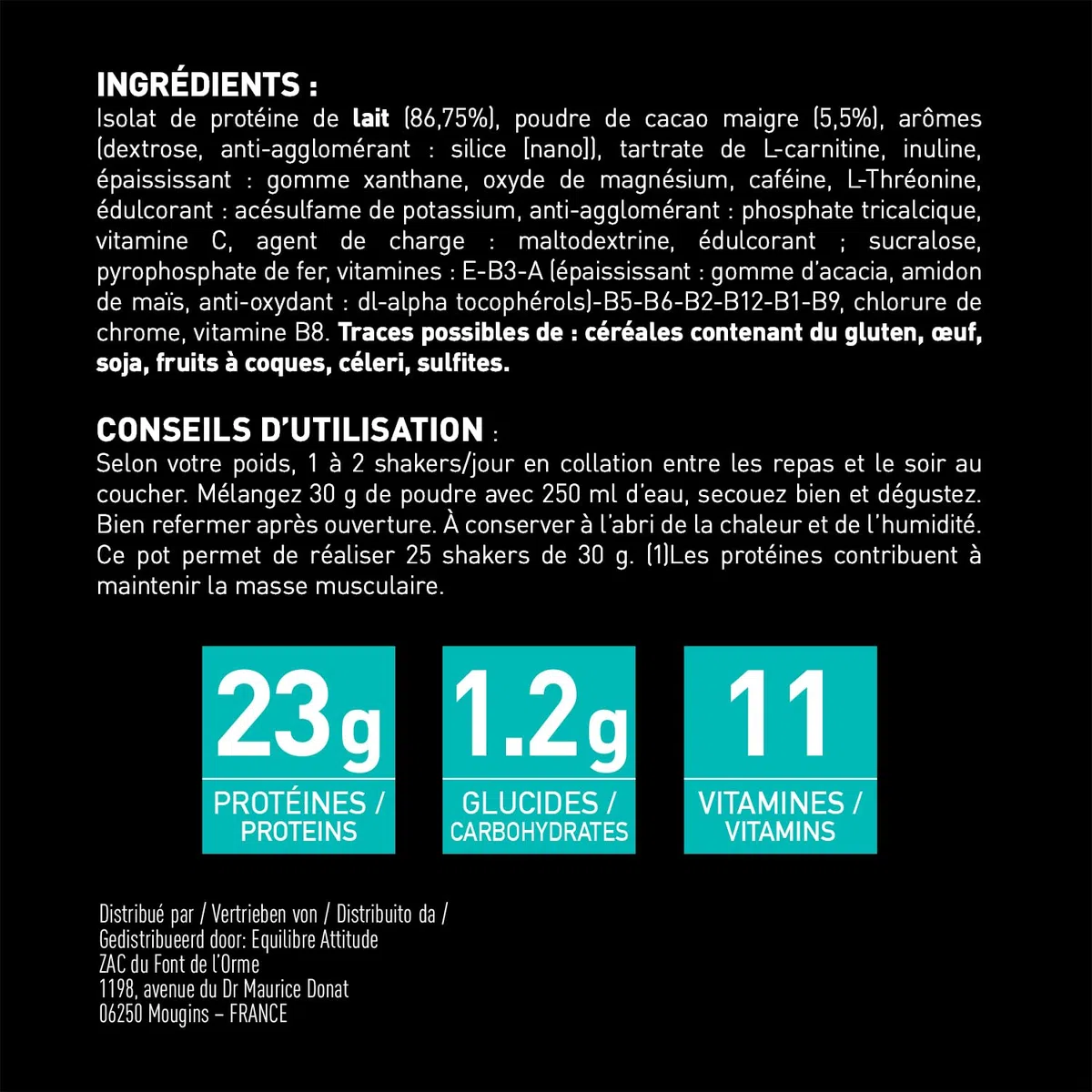 EAFIT | ISOLATE CASEIN NATIVE 750g | Assimilation lente caseine 100% micellaire + Vitamines et Minéraux (magnesium) | Riche en proteine | En poudre à mélanger dans un shaker pour le sport | Chocolat