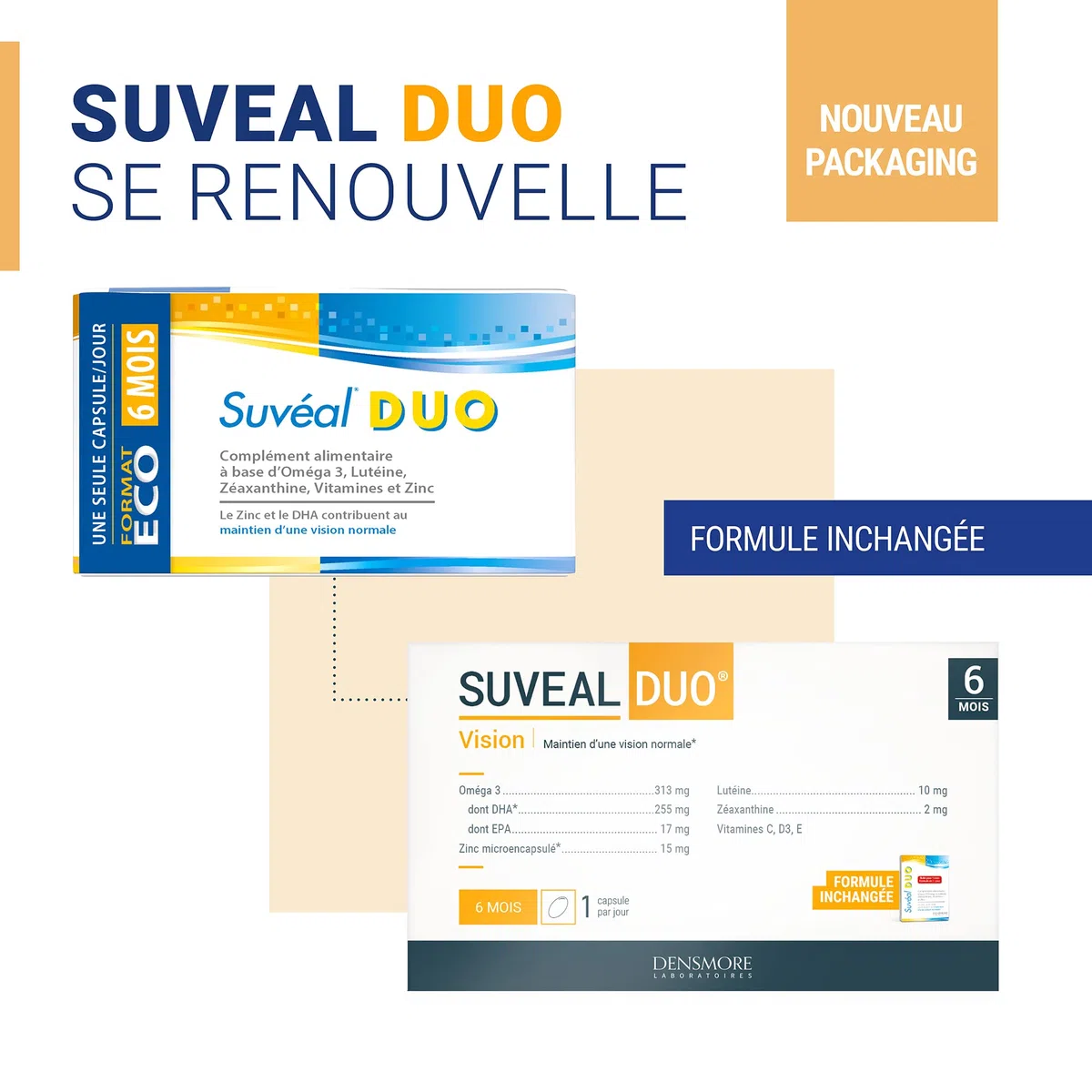 Densmore - SUVEAL Duo - Complément Alimentaire Ophtalmologique à base de DHA (Oméga 3), Lutéine, Zéaxanthine, Vitamines et Zinc - Idéal Vision - 180 Capsules - Cure de 6 mois - Fabriqué en France