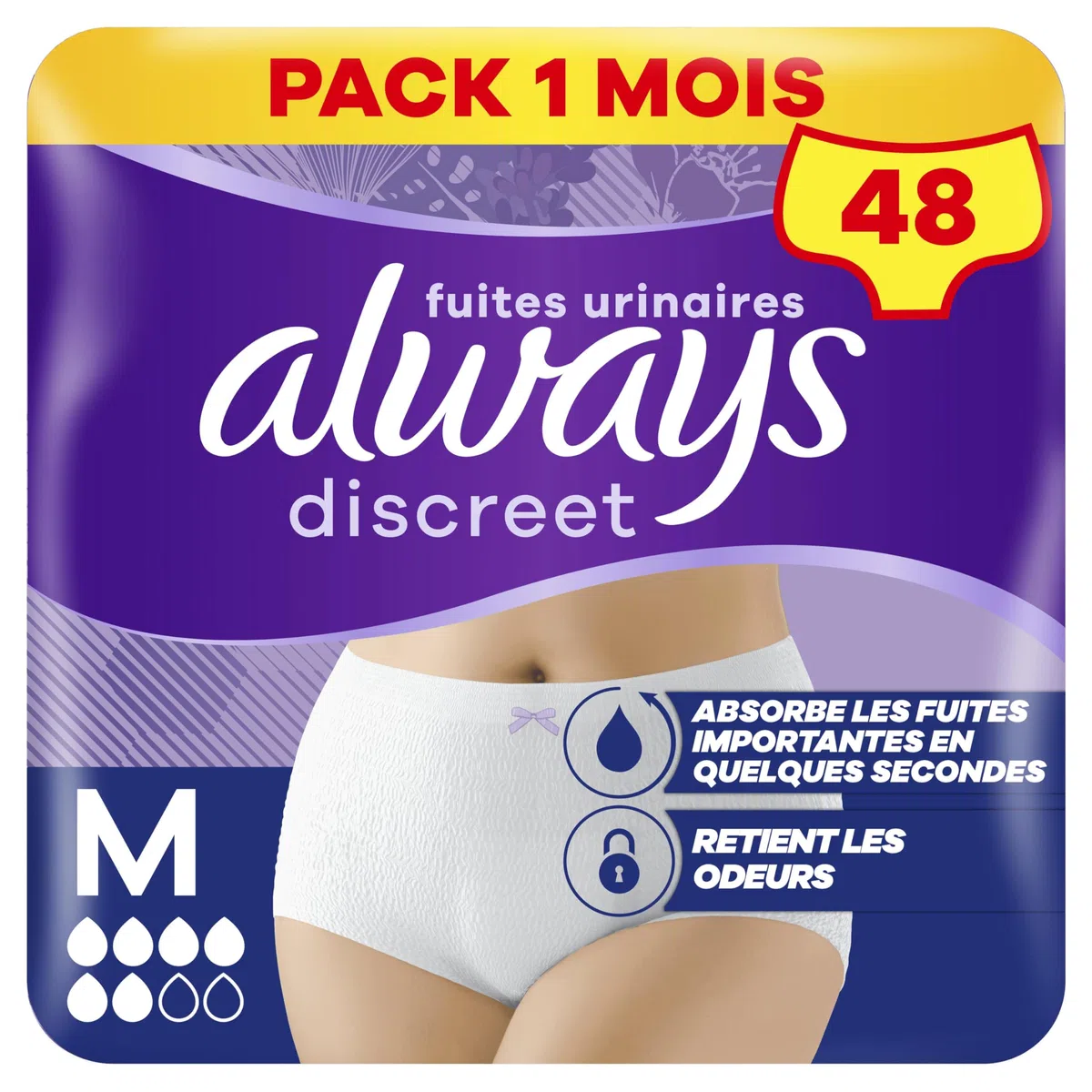 Always Discreet, 48 Culottes Incontinence Femme, Normal 5 Gouttes, Sous-Vêtements Taille M, Blanc, Protection Très Absorbante pour Fuites Urinaires Importantes ou post accouchement, Pack 1 Mois