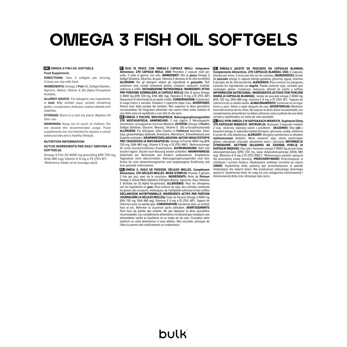 Bulk Gélules d'huile de poisson oméga 3, 1000 mg, paquet de 270, l'emballage peut varier