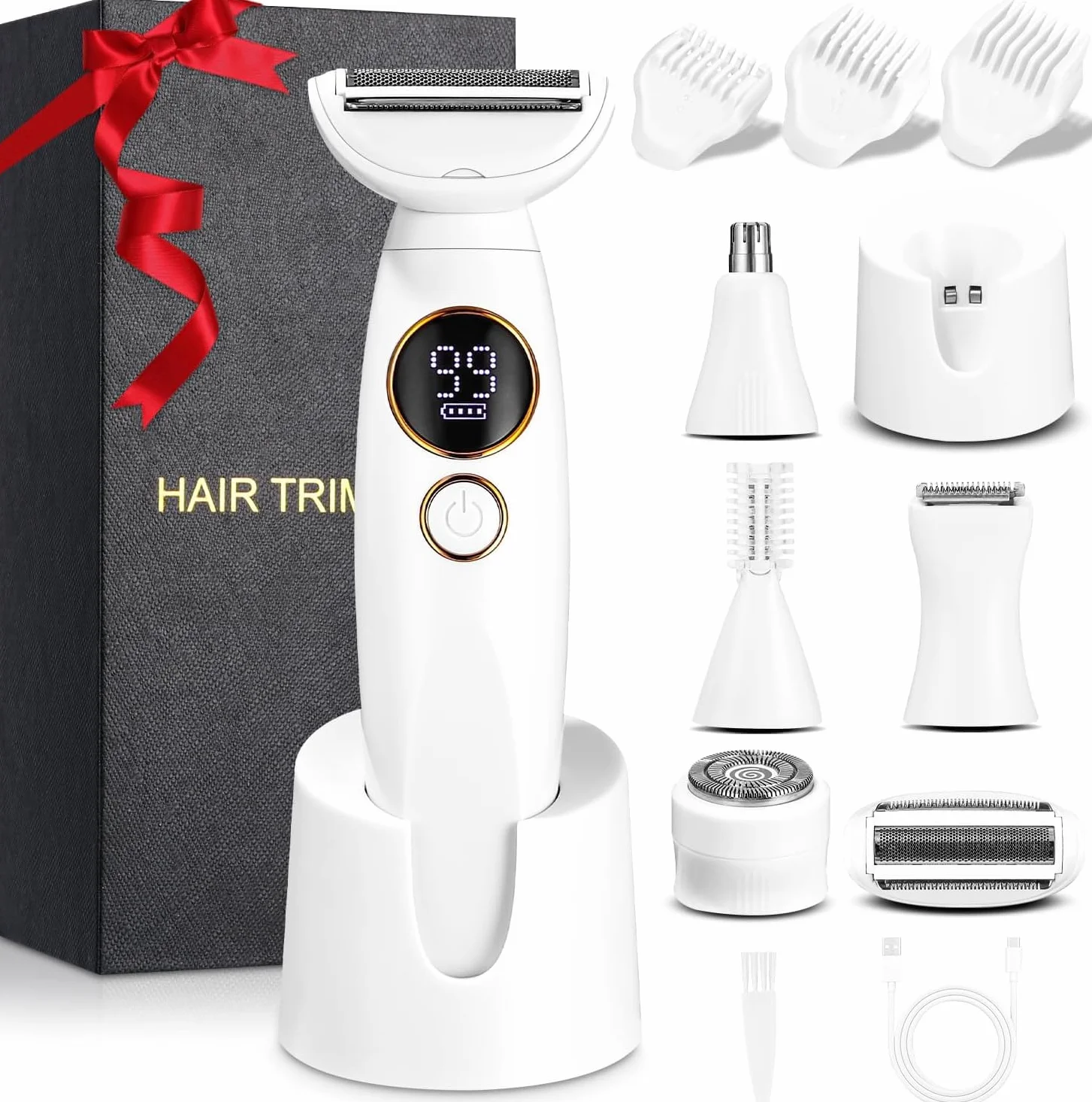 Rasoir Electrique Femme, 5 en 1 Tondeuse Femme Intime, Rasoir Femme Electrique avec Station de USB Rechargeable, Tondeuse Maillot Femme, pour Le Corps, Les Aisselles, Le Bikini, Les Sourcils et Le Nez