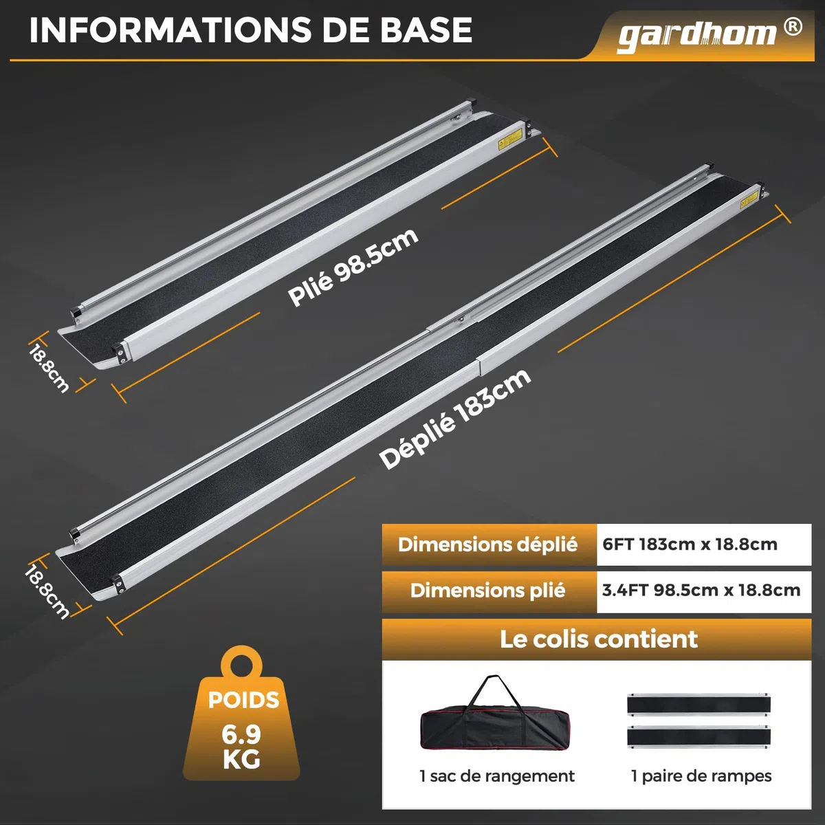 2PCS Rampes Télescopiques pour Fauteuils Roulants, gardhom 98.5-183CM Rampe d'Accès pour Fauteuils Roulants Rampe d'Accès Antidérapante Réglable avec Bords de Sécurité Max. 272 kg
