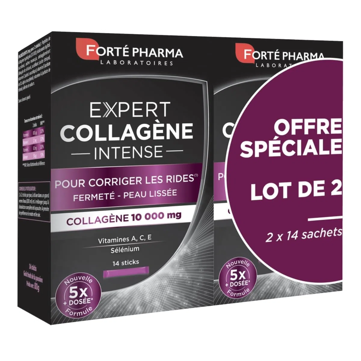 Forté Pharma - Expert Collagène Intense | Complément Alimentaire à base de Collagène - Rides et Fermeté de la Peau | Lot de 2x 14 sticks
